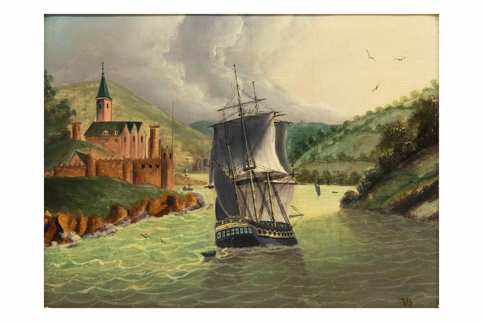 Sailing Ship & Castle Landscape, Oil on Board (1 of 9)