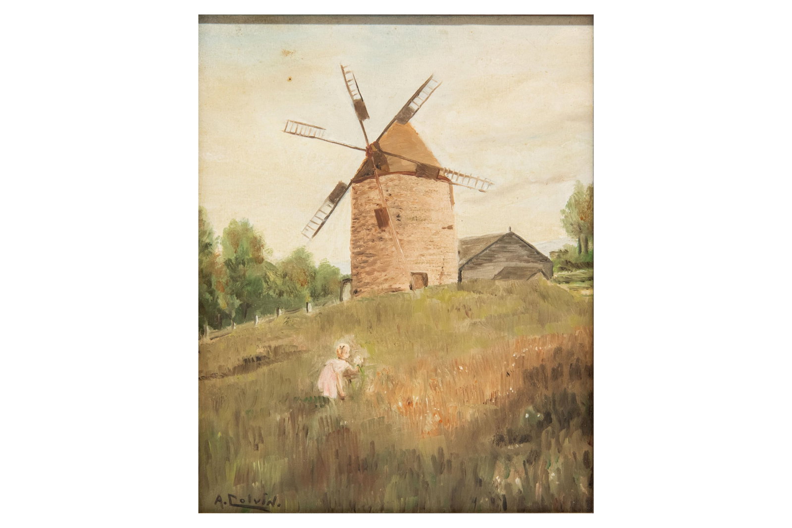 A. Colvin, Early 20th Century Old Montreal Windmill Landscape, Oil on Board: A. Colvin Early 20th Century Old Montreal Windmill Landscape Oil on Board Early 20th Century Old Montreal Windmill Landscape Signed 'A Colvin' bottom left Marked ‘Old Montreal’ on verso