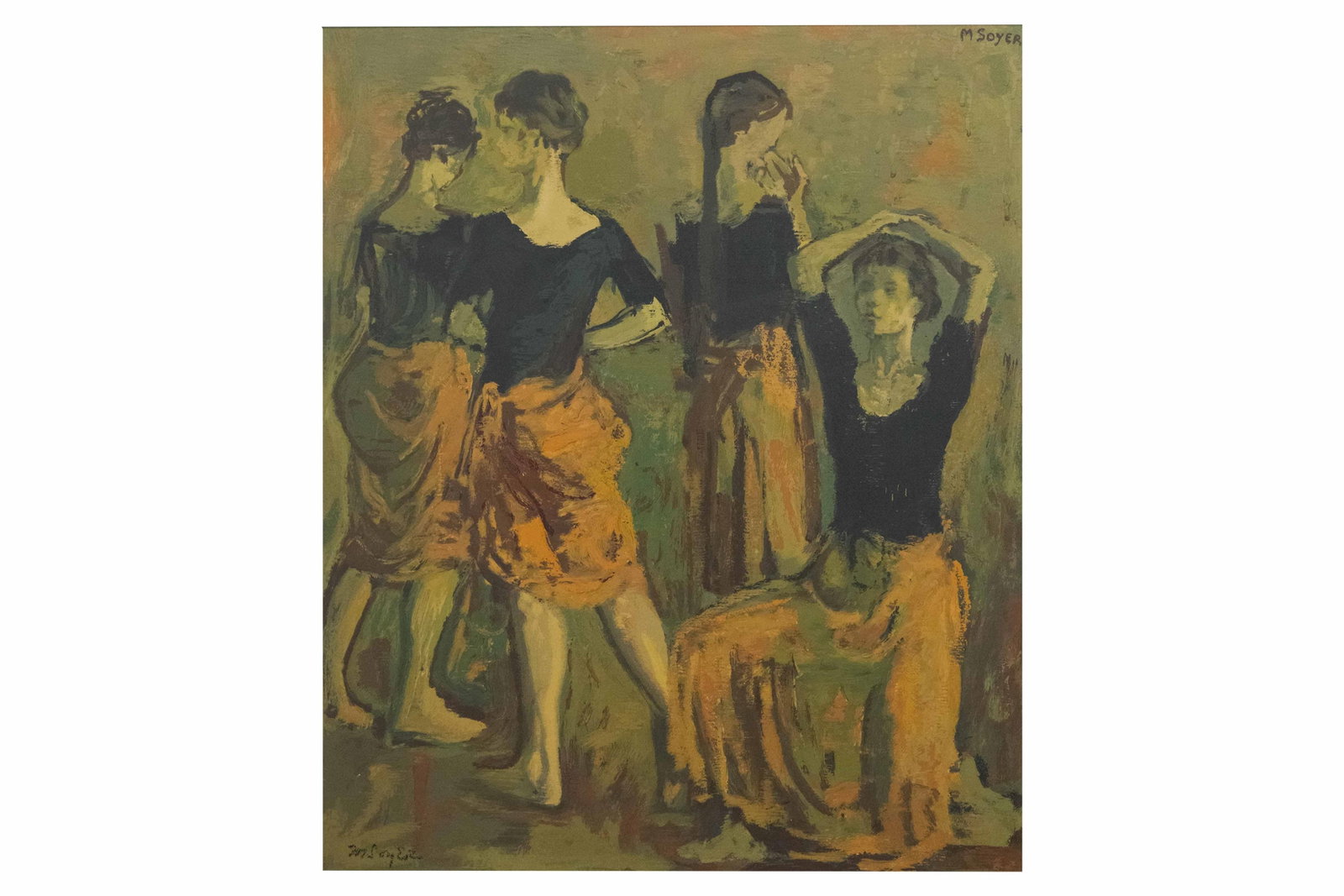 Moses Soyer, 1899-1974, Portrait of Dancers, On Board: Moses Soyer 1899-1974 Portrait of Dancers On Board Twin brother of painter Raphael Soyer. Frame in as is condition Signed in plate top right, signed in crayon bottom left. Approximate frame size: