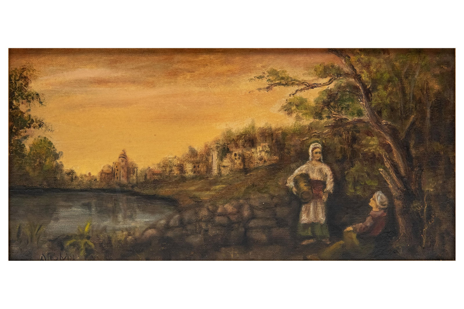 Courting, Oil on Board: Courting Oil on Board Likely late 19th / early 20th Century - Frame in as is condition. Illegible signature. Inscribed on verso 'Courting' Approximate Image Size: 5.375” H x 11.5 Approximate