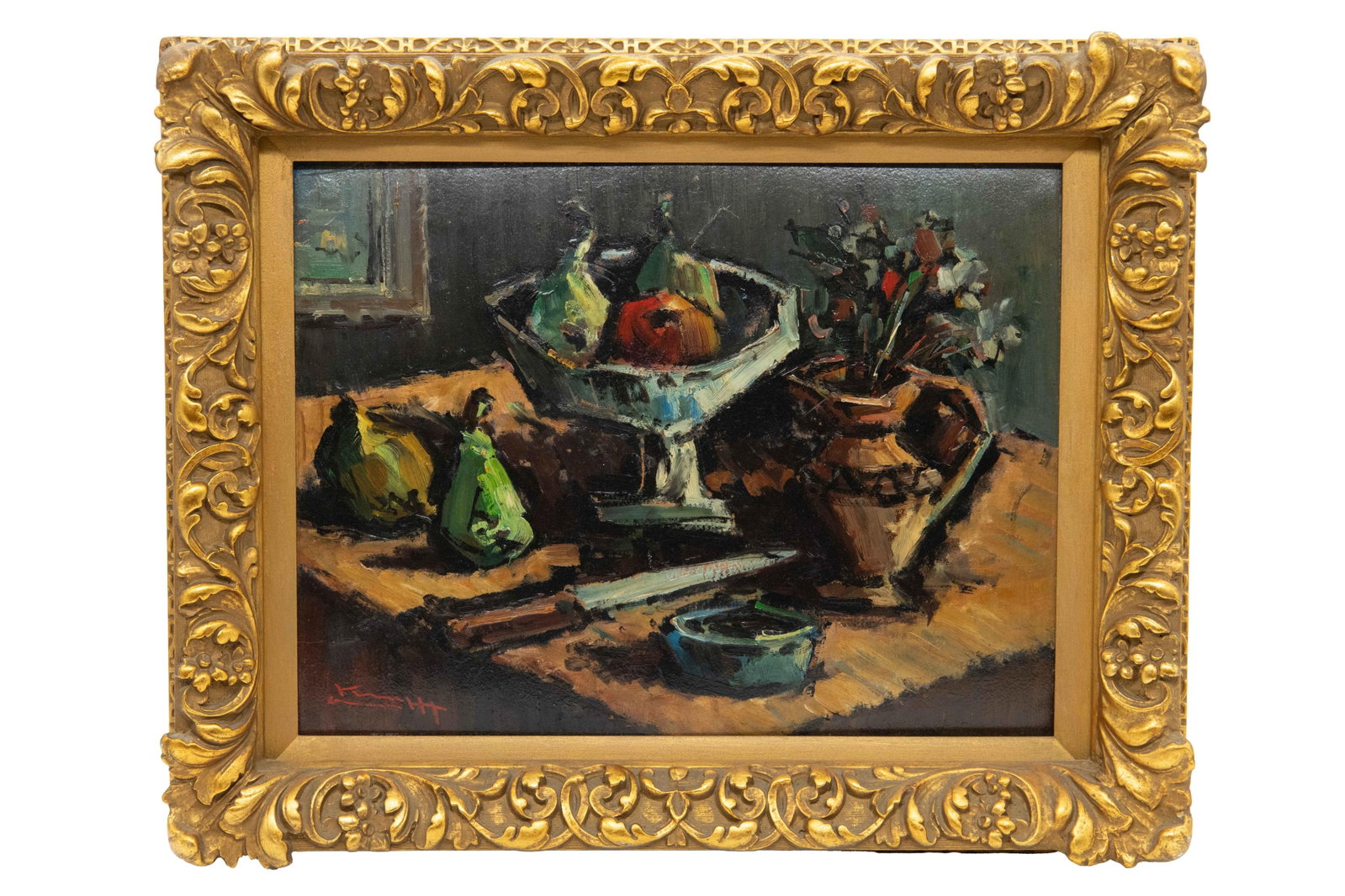 Still Life Table Scene, Oil on Board: Still Life Table Scene Oil on Board Presented in a carved ornate gold frame Illegible signature bottom left Board has slight warping. Approximate frame size:16.125” H x 20.125” W x