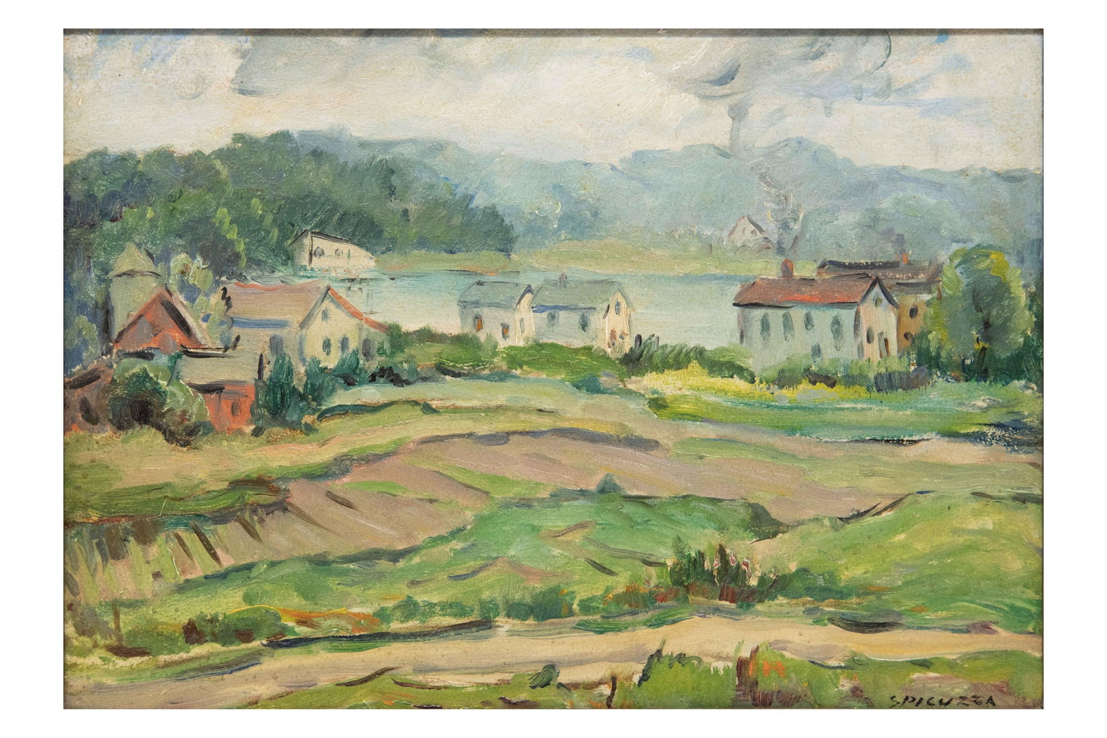 Francesco J Spicuzza, Italian/American 1883-1962, Country scene, Oil on board: Francesco J Spicuzza Italian/American, 1883-1962 Country scene Oil on board Approximate frame size: 12.125” H x 16.125” W x 1.25” D Approximate image size: 9.375” H x
