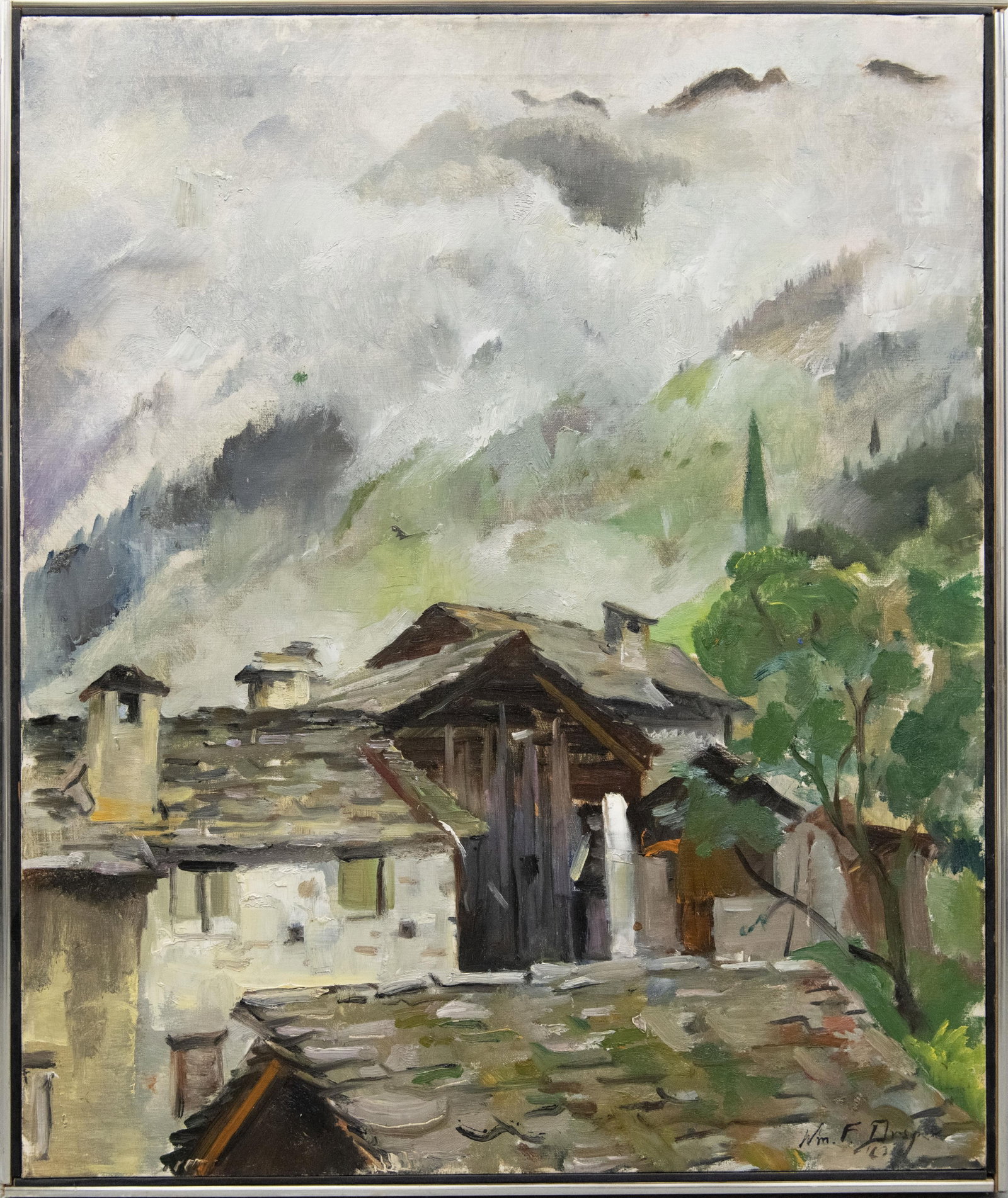 William Franklin Draper, American 1912-2003, Swiss Rooftops, 1963: William Franklin Draper American, 1912-2003 Swiss Rooftops, 1963 Provenance: Artemis Gallery, COA affixed to verso of frame Approximate frame size: 31.25” H x 26.25” W x 2” D Approxi