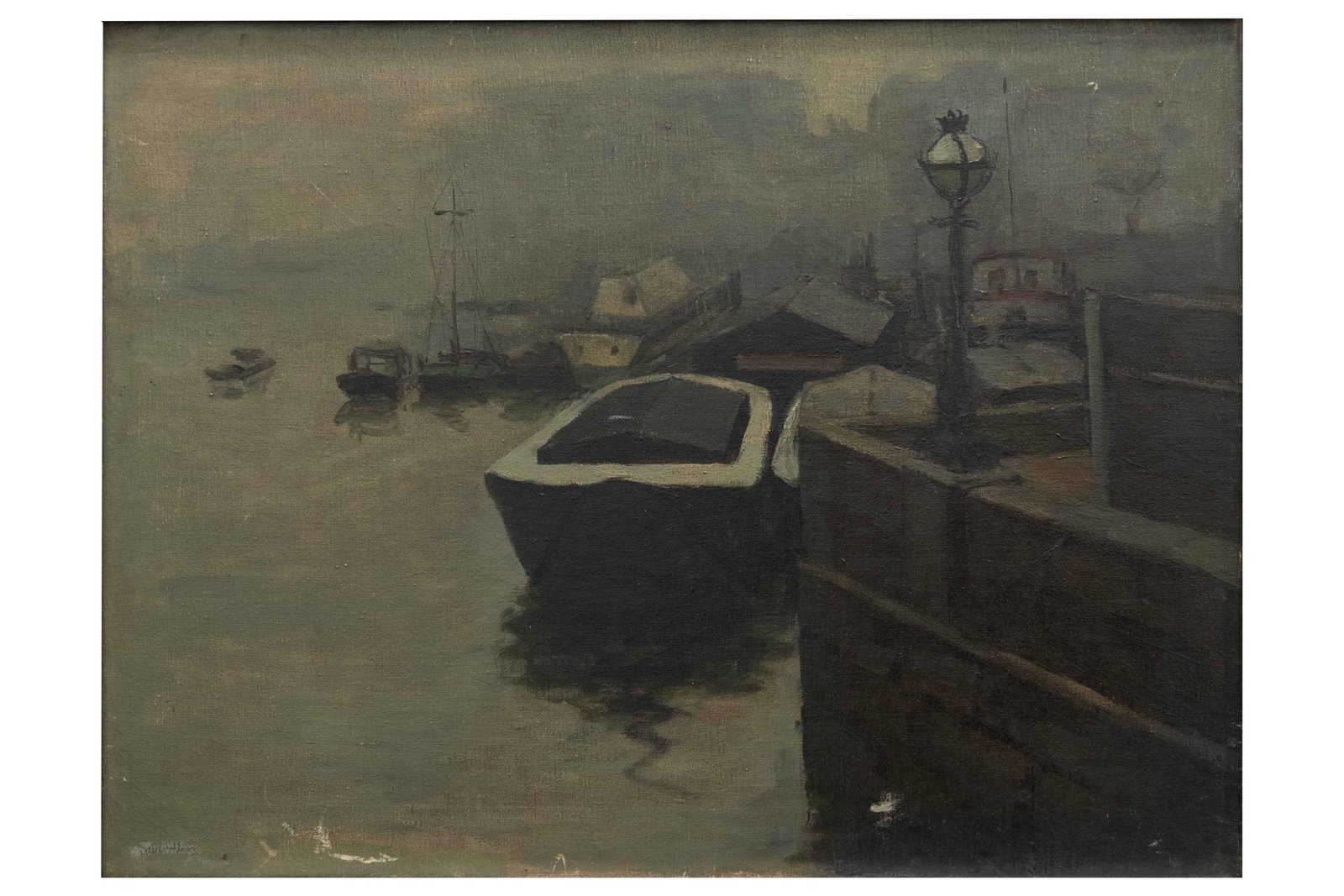 Foggy Seaside Painting: Foggy Seaside Painting Signature illegible, potentially Peter Collins Approximate frame size: 21.75” H x 25.75” W x 1.25” D Approximate image size: 19.75” H x 23.75” W
