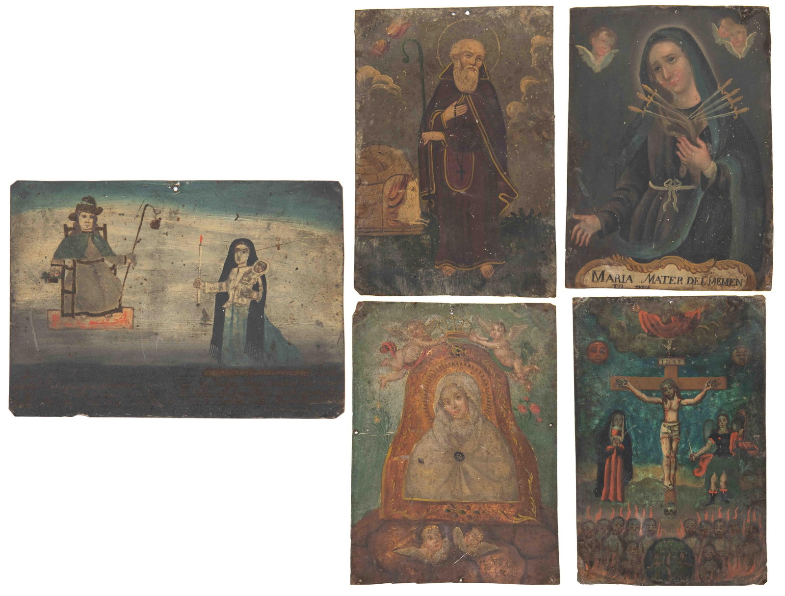 Group of 5 19th Century Retablos, Oil on Tin: Group of 5 19th Century Retablos Oil on Tin 19th Century St Francis of Paola Oil on Tin Retablo - Approximate size: 10.25" x 7" 19th Century Maria 'Mater dei Memen' Mary, Mother of God, Oil on Tin Ret