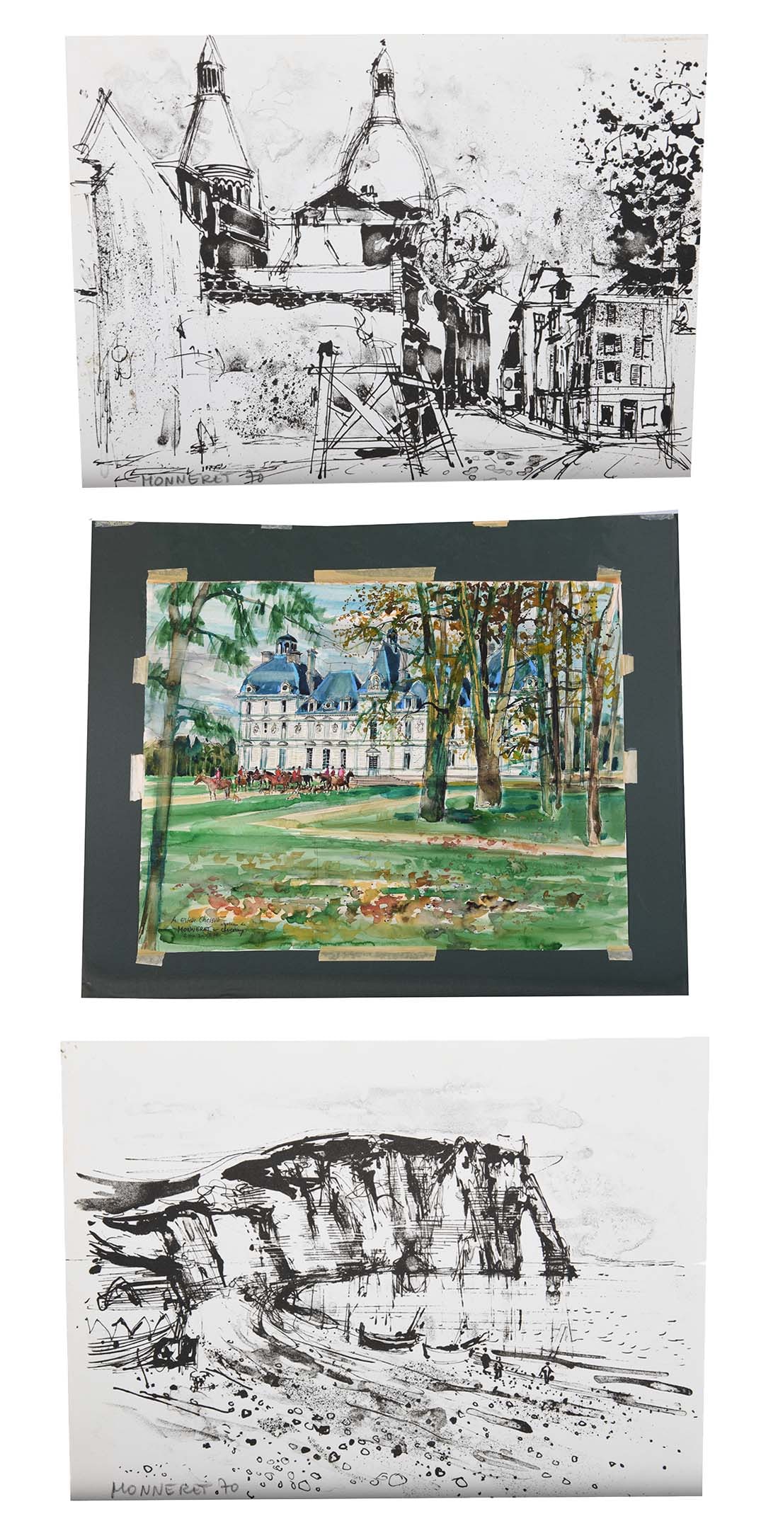 Chateau Cherverny by Jean Monneret 1971: Chateau Cherverny by Jean Monneret 1971 Watercolor on paper 'Chateau Cherverny' by Jean Monneret (French b.1922) Hand signed and dated 20-3-1971 'A Estelle Chessid' bottom left. Also included in this 