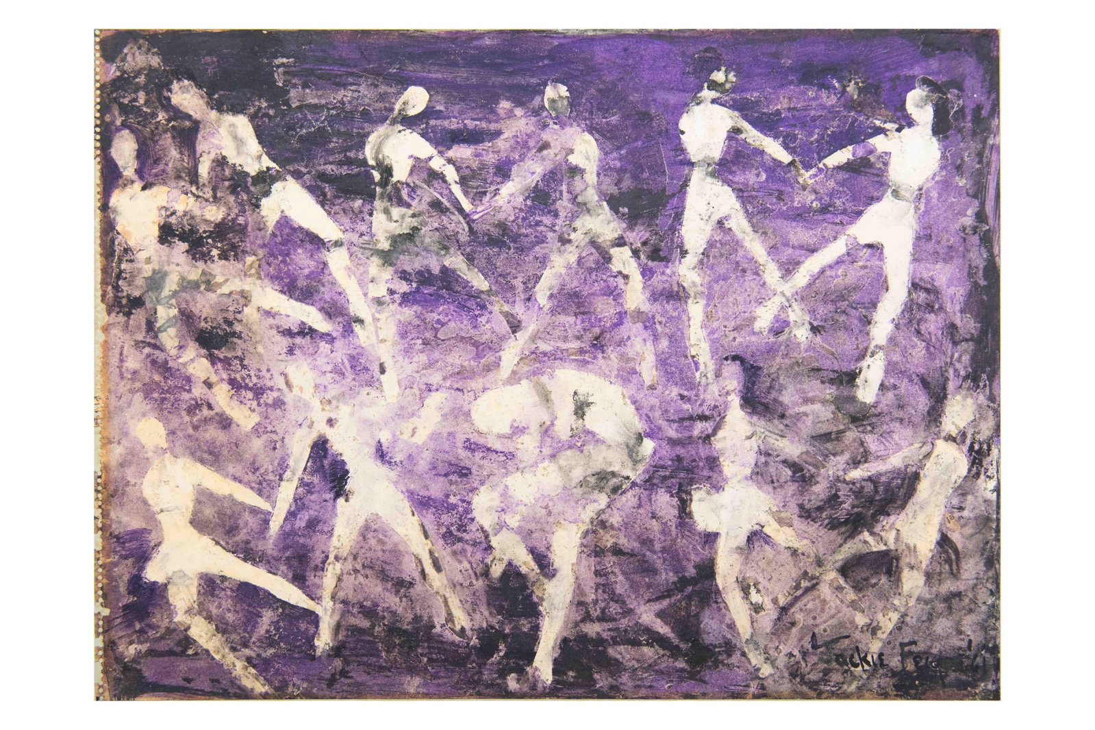 Jackie Feigan, Dancing Figures, 1961, Watercolor, Pastel Mixed Media on Sketch Paper: Jackie Feigan Dancing Figures, 1961 Watercolor, Pastel Mixed Media on Sketch Paper Signed bottom right - Jackie Feigan '61 Inspired by Matisse Frame in as is condition Approximate frame si