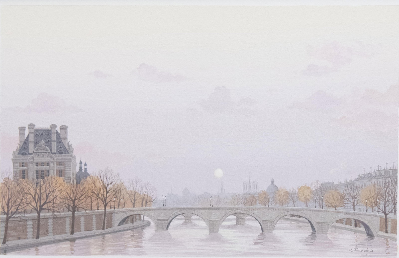 Liudmila Kondakova, 1956-, Footbridge, Gouache on Paper: Liudmila Kondakova 1956- Footbridge Gouache on Paper Approximate size unframed: 8” H x 12" W Approximate frame size: 18.75” H x 23” W x 1” D Approximate image size: 8” H 