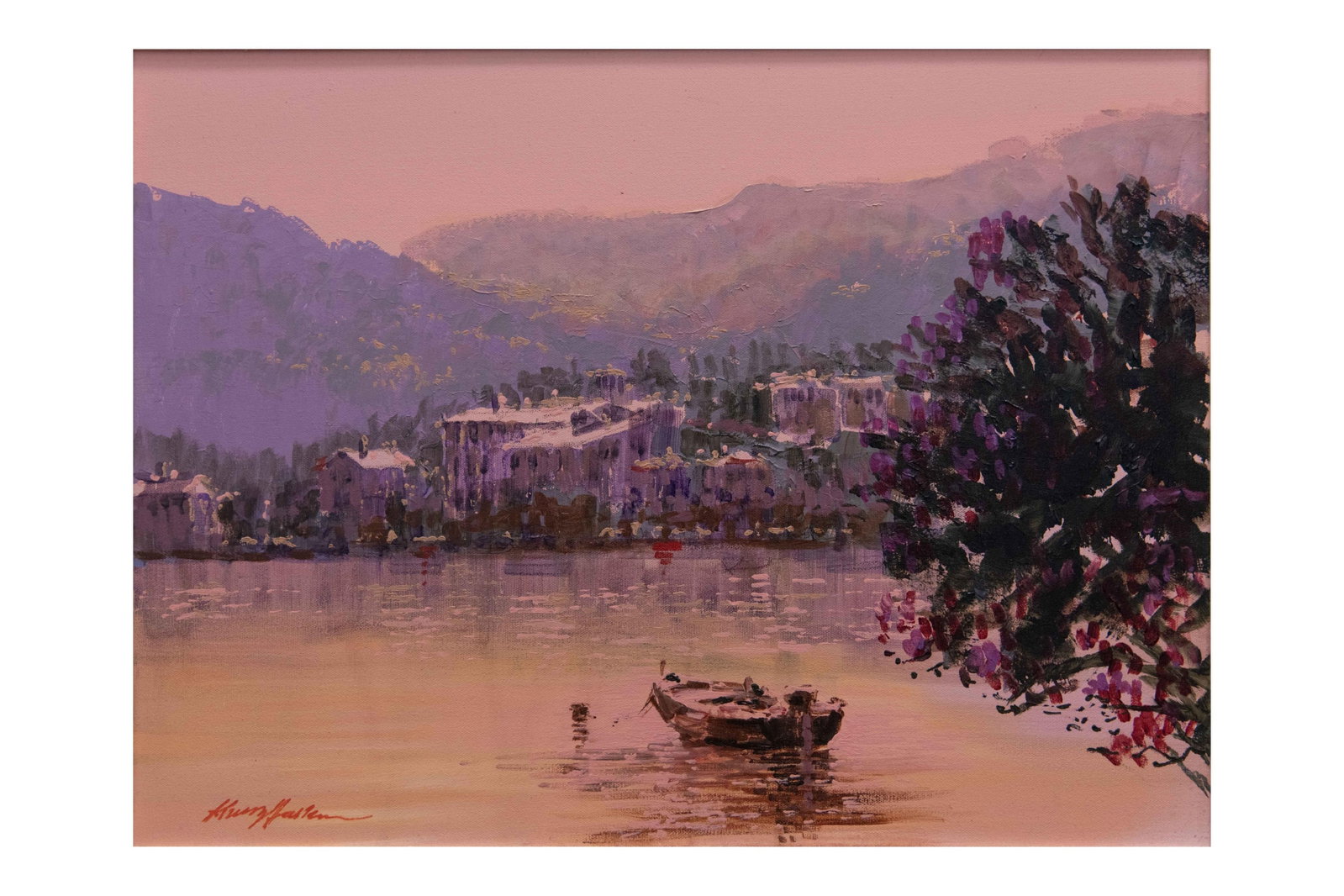 Kerry Hallem, Italian Lake, Acrylic on canvas: Kerry Hallem Italian Lake Acrylic on canvas Personalized inscription on verso of canvas signed 'Kerry Hallam' Approximate framed size: 25" H x 32" W Approximate image size: 24" H x 27" W