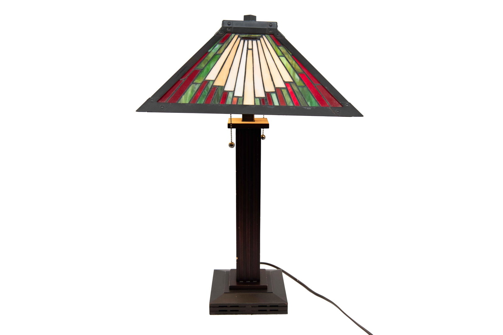 Tiffany Mission Style Lamp: Tiffany Mission Style Lamp Approximate size: 24” H x 15” W x 15” D Lamp tested and works. Any lamp wiring is offered strictly as found. No guarantee is made as to the condition, safe