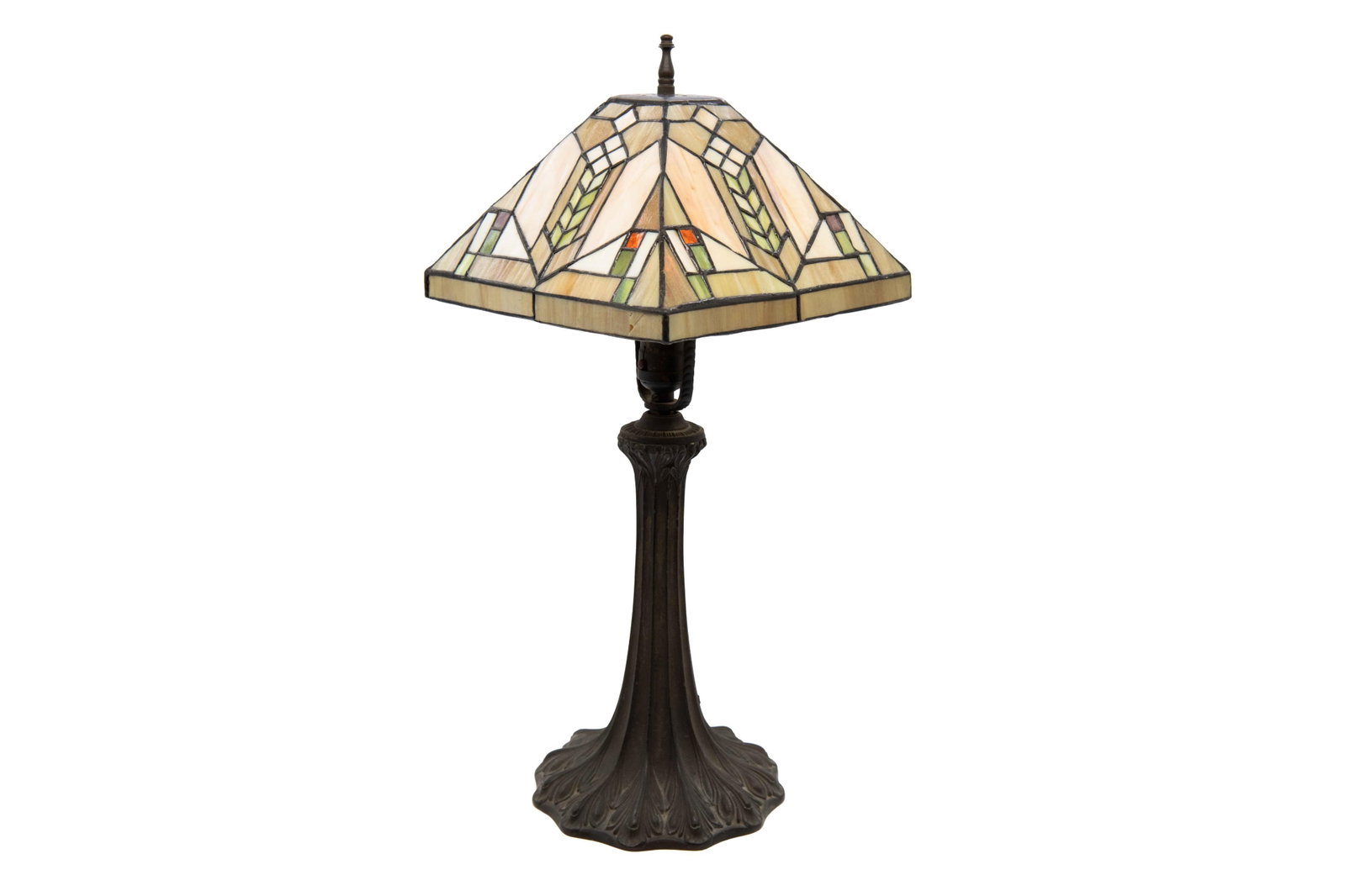 Tiffany Mission Style Green Stained Glass Deco Lamp: Tiffany Mission Style Green Stained Glass Deco Lamp Tiffany Mission Style Green Stained Glass Deco Lamp Approximate size: 21” H x 9” W x 9” D Lamp tested and works. Minor crack and c