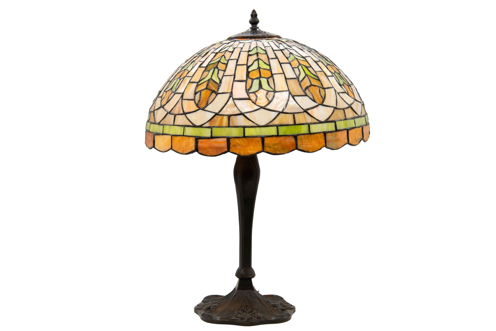 Antique Domed Art Nouveau Amber Stained Glass Lamp: Antique Domed Art Nouveau Amber Stained Glass Lamp Antique Domed Art Nouveau Amber Stained Glass Lamp Approximate size: 22” H x 16.25” W x 16.25” D Lamp tested and works. Any lamp wi