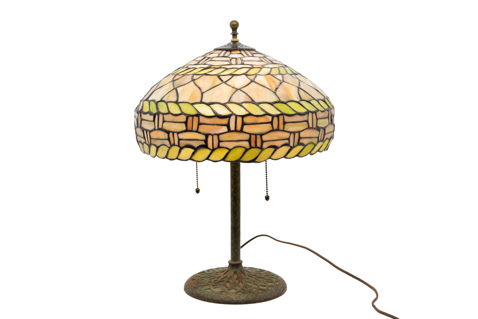 Antique Domed Art Nouveau Green Stained Glass Lamp: Antique Domed Art Nouveau Green Stained Glass Lamp Antique Domed Art Nouveau Green Stained Glass Lamp Approximate size: 20” H x 13.5” W x 13.5” D Lamp tested and works. Any lamp wiri