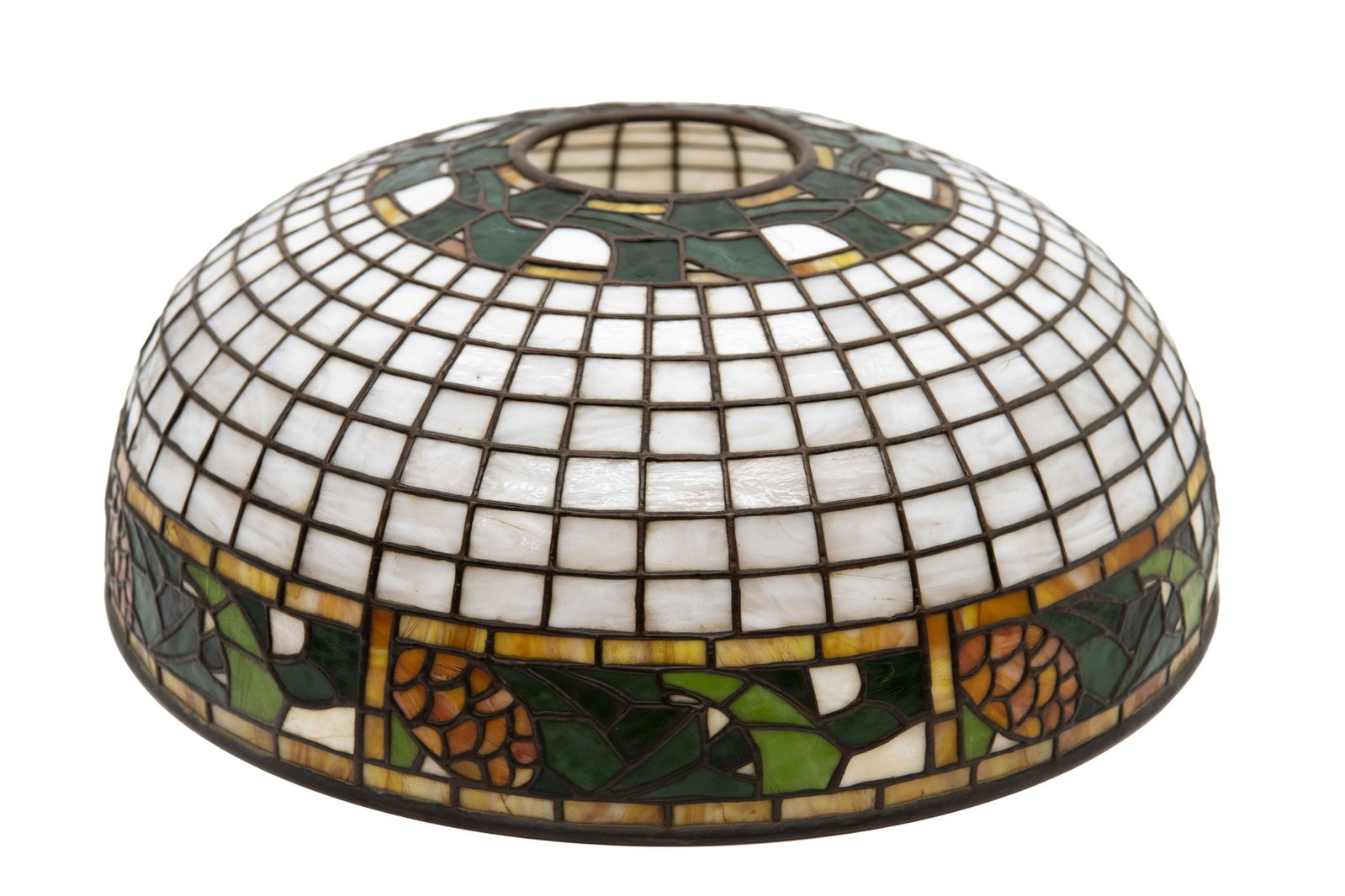 Antique Tiffany Style Grid Stained Glass Lampshade: Antique Tiffany Style Grid Stained Glass Lampshade Approximate size: 6.75” H x 18” W x 18” D