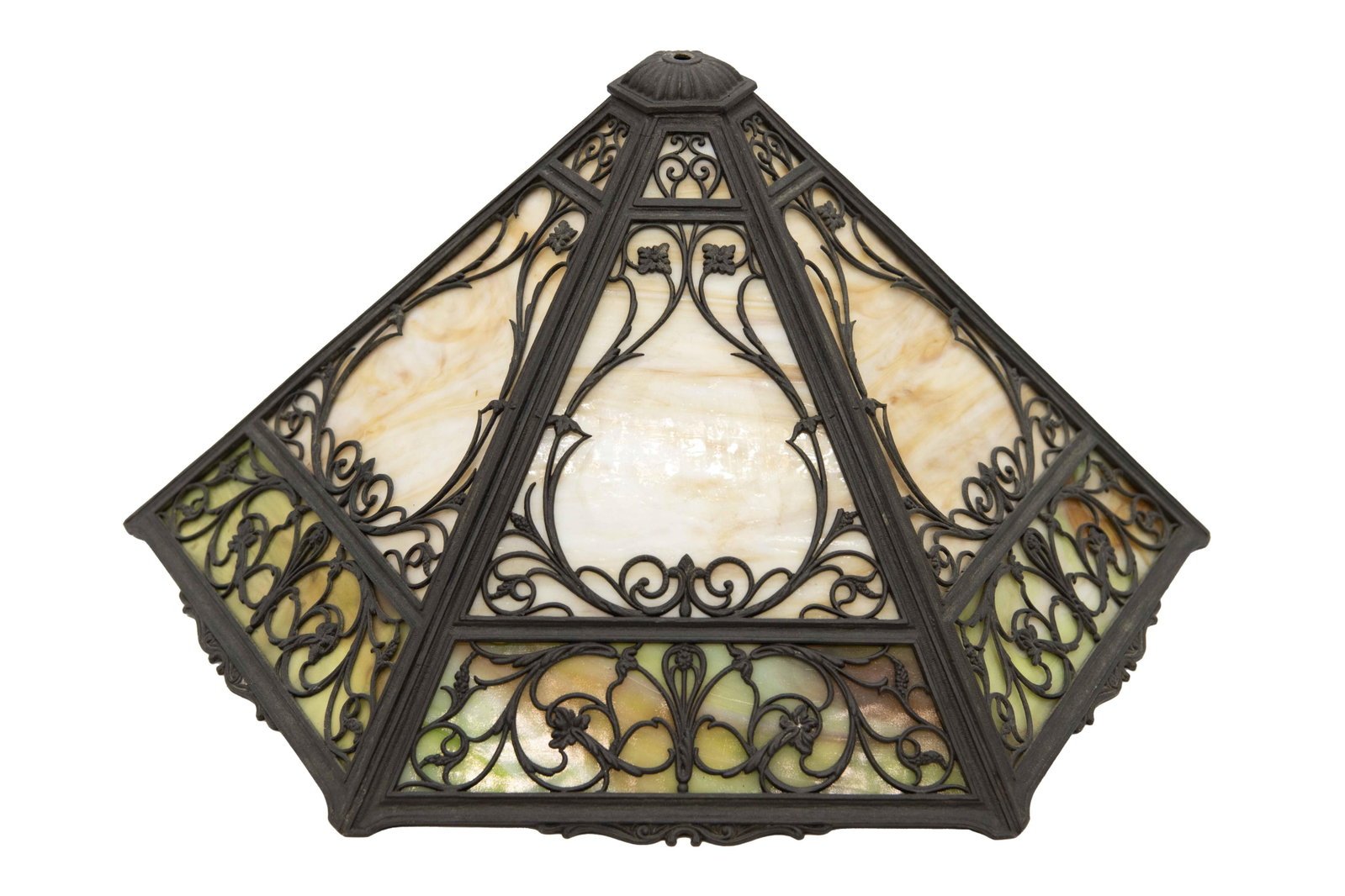 Antique Ornate Filigree Slag Glass Art Nouveau Lampshade: Antique Ornate Filigree Slag Glass Art Nouveau Lampshade Approximate size: 10.5” H x 17.75” W x 17.75” D