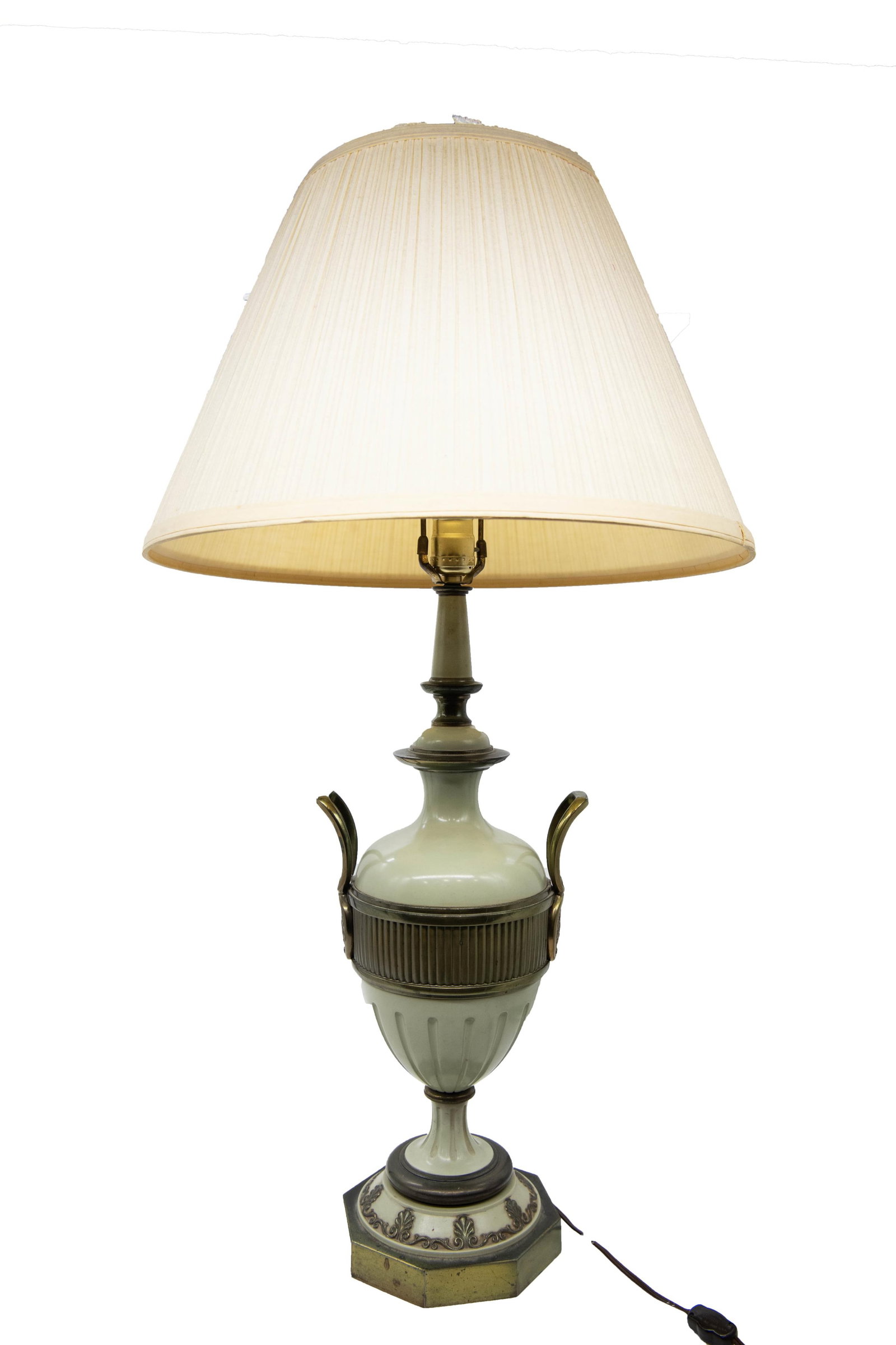 Antique Vintage Vasiform Lamp with Shade: Antique Vintage Vasiform Lamp with Shade Any lamp wiring is offered strictly as found. No guarantee is made as to the condition, safety, or operability of electrical components, and all lamps are sold