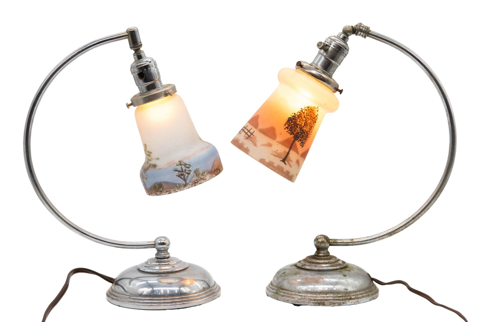 Pair of Chrome Base Boudoir Lamps with Antique Shades: Pair of Chrome Base Boudoir Lamps with Antique Shades Approximate size each: 14.25” H x 11.5” W x 6” D Both lamps tested and work. Any lamp wiring is offered strictly as found. No gu