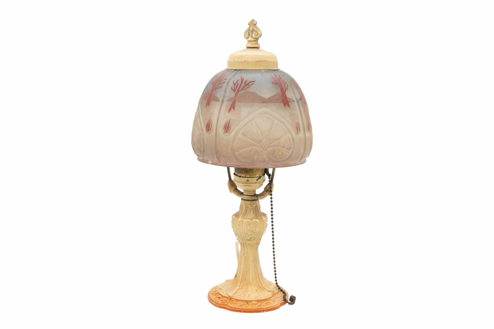Antique Reverse Painted Red Trees Design Table Lamp: Antique Reverse Painted Red Trees Design Table Lamp Approximate size: 13.5” H x 5.5” W x 5.5” D Any lamp wiring is offered strictly as found. No guarantee is made as to the condition