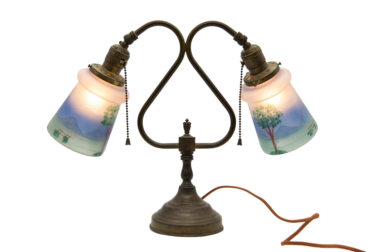 Blue painted tree glass shade lamp: Blue painted tree glass shade lamp Approximate size: 13.5” H x 20” W x 5” D Lamp tested and works. Base is loose where stems connect. Any lamp wiring is offered strictly as found. No