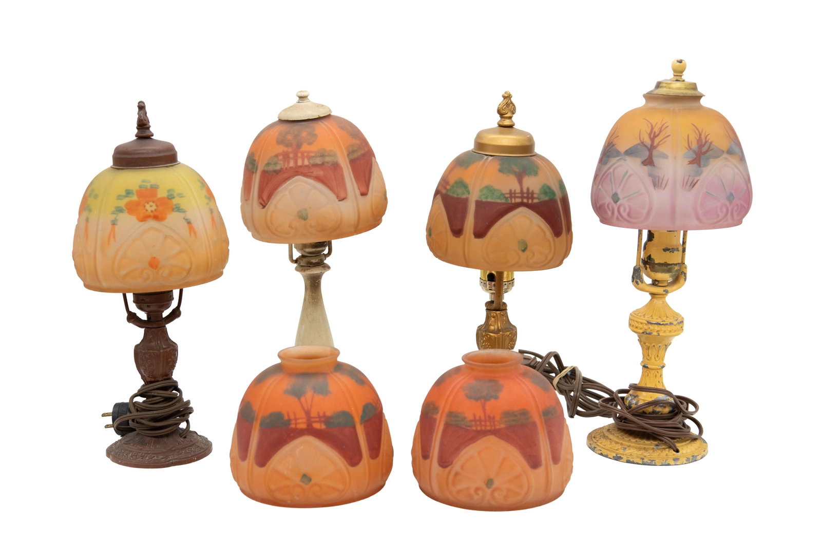 Group of 6 Frosted Hand Painted Glass Lamp Shades with 4 Miscellaneous Metal Bases (1 of 10)