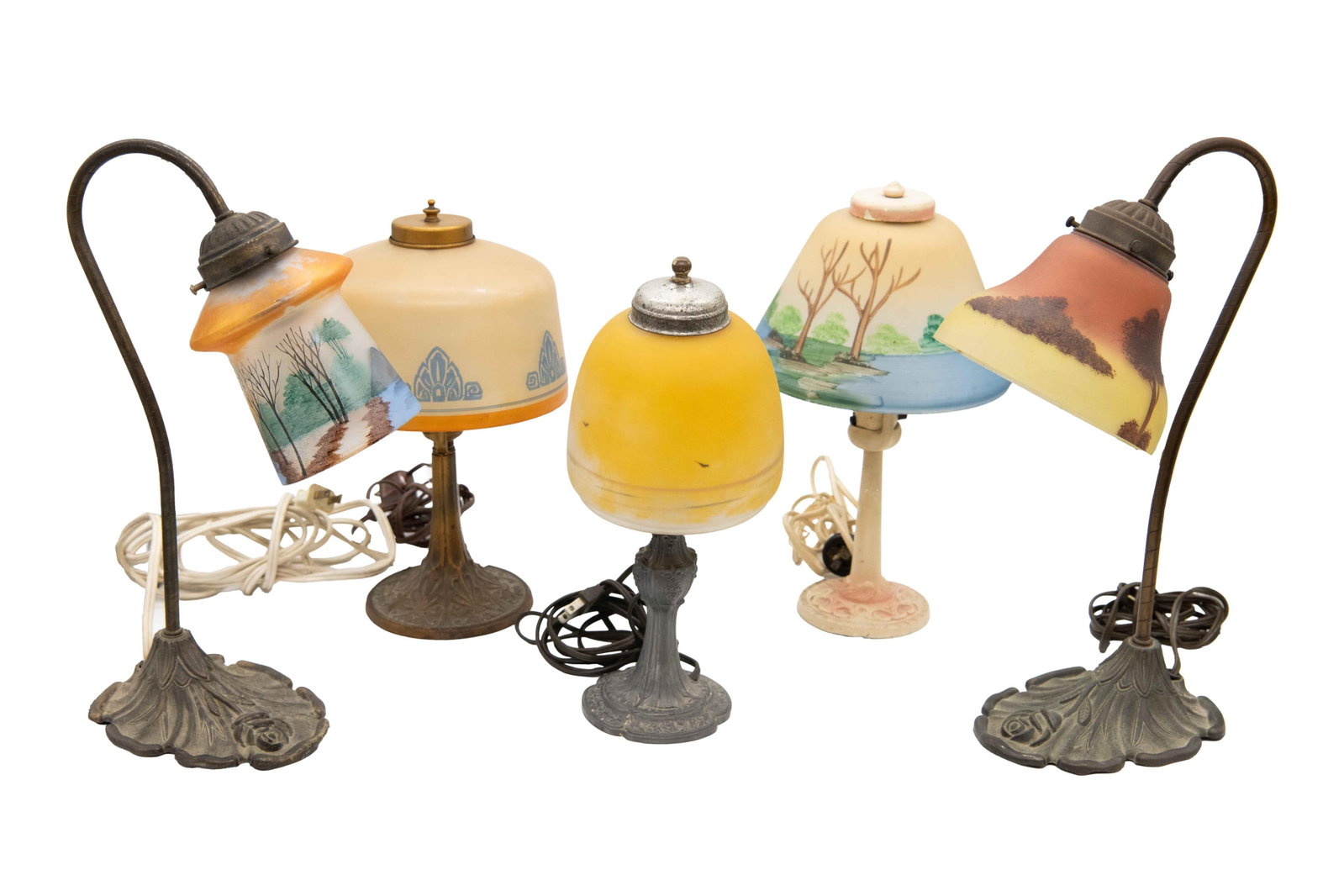 Group of 5 Lamps with Hand Painted Shades: Group of 5 Lamps with Hand Painted Shades Group of 5 Lamps with Hand Painted Shades Approximate size of smallest lamp: 12.5” H x 5.5” W x 5.5” D Approximate size of largest lamp: 15.