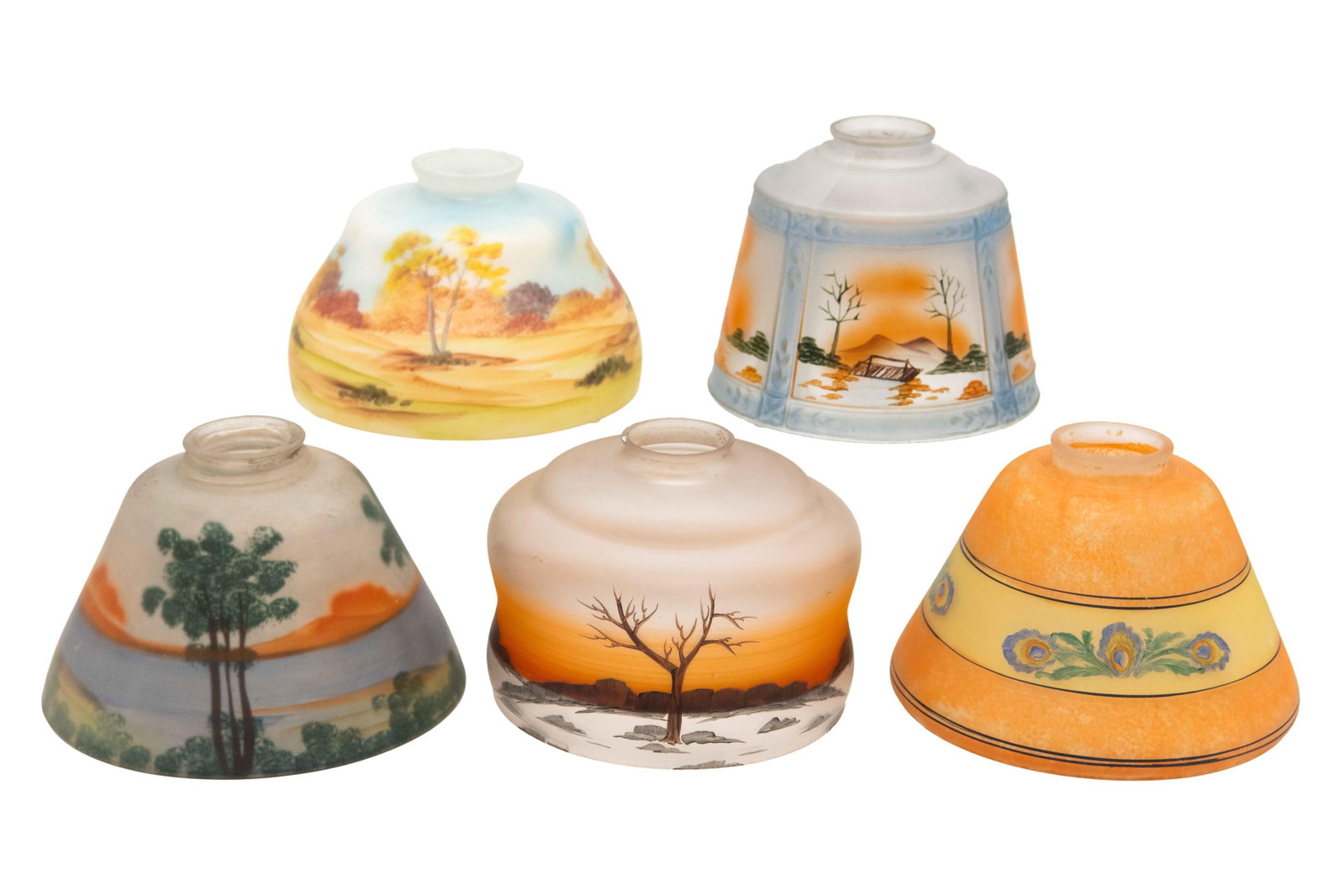 Group of 5 Hand Painted Frosted Glass Shades: Group of 5 Hand Painted Frosted Glass Shades Group of 5 Hand Painted Frosted Glass Shades Approximate size of largest shade: 5.5” H x 8” W x 8” D Approximate size of smallest shade: 