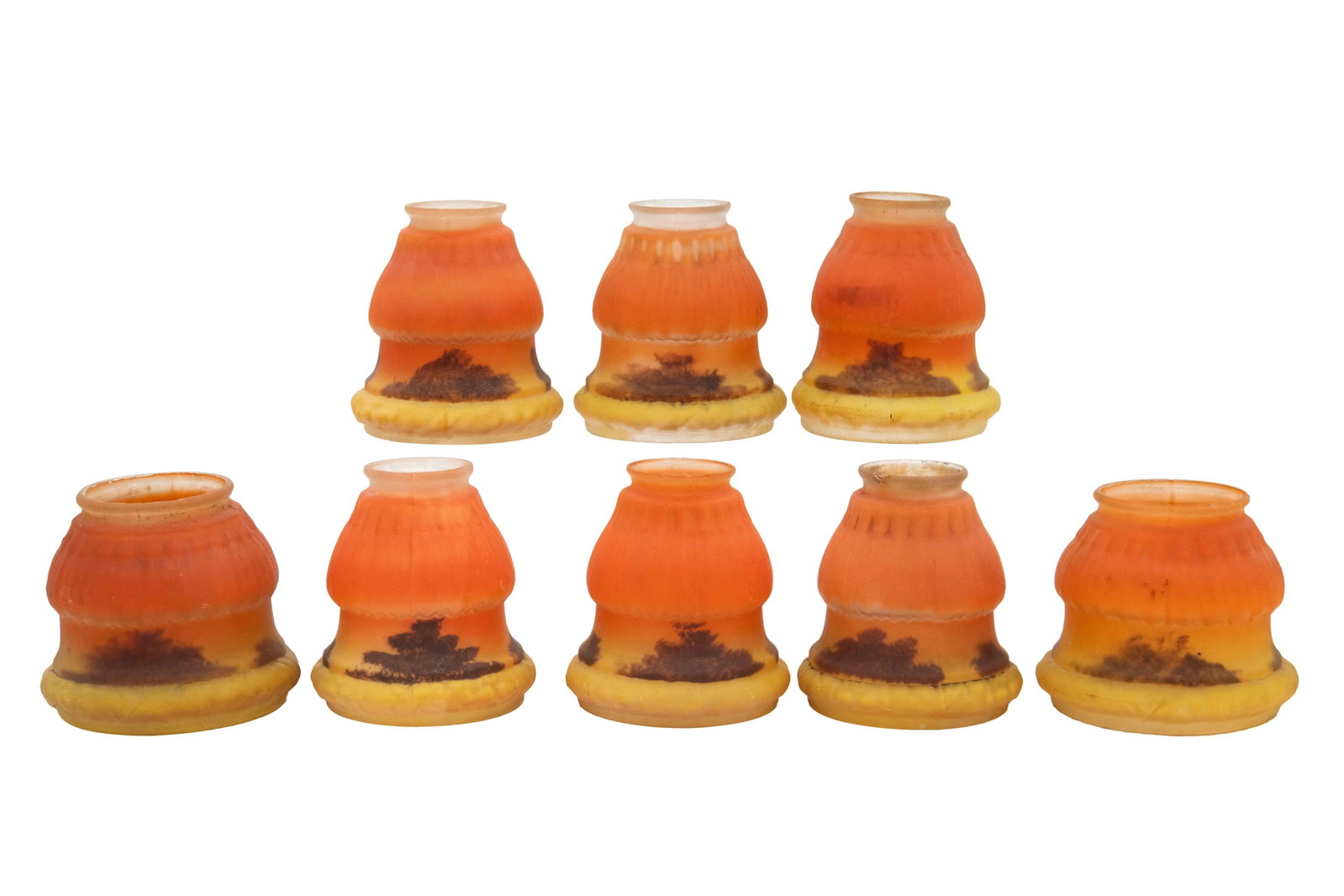 Group of 8 Hand Painted Frosted Glass Lamp Shades - Orange/Yellow: Group of 8 Hand Painted Frosted Glass Lamp Shades - Orange/Yellow Group of Hand Painted Frosted Glass Lamp Shades - Orange/Yellow 8 total (6 small, 2 medium) Chips commensurate with age Approximate si