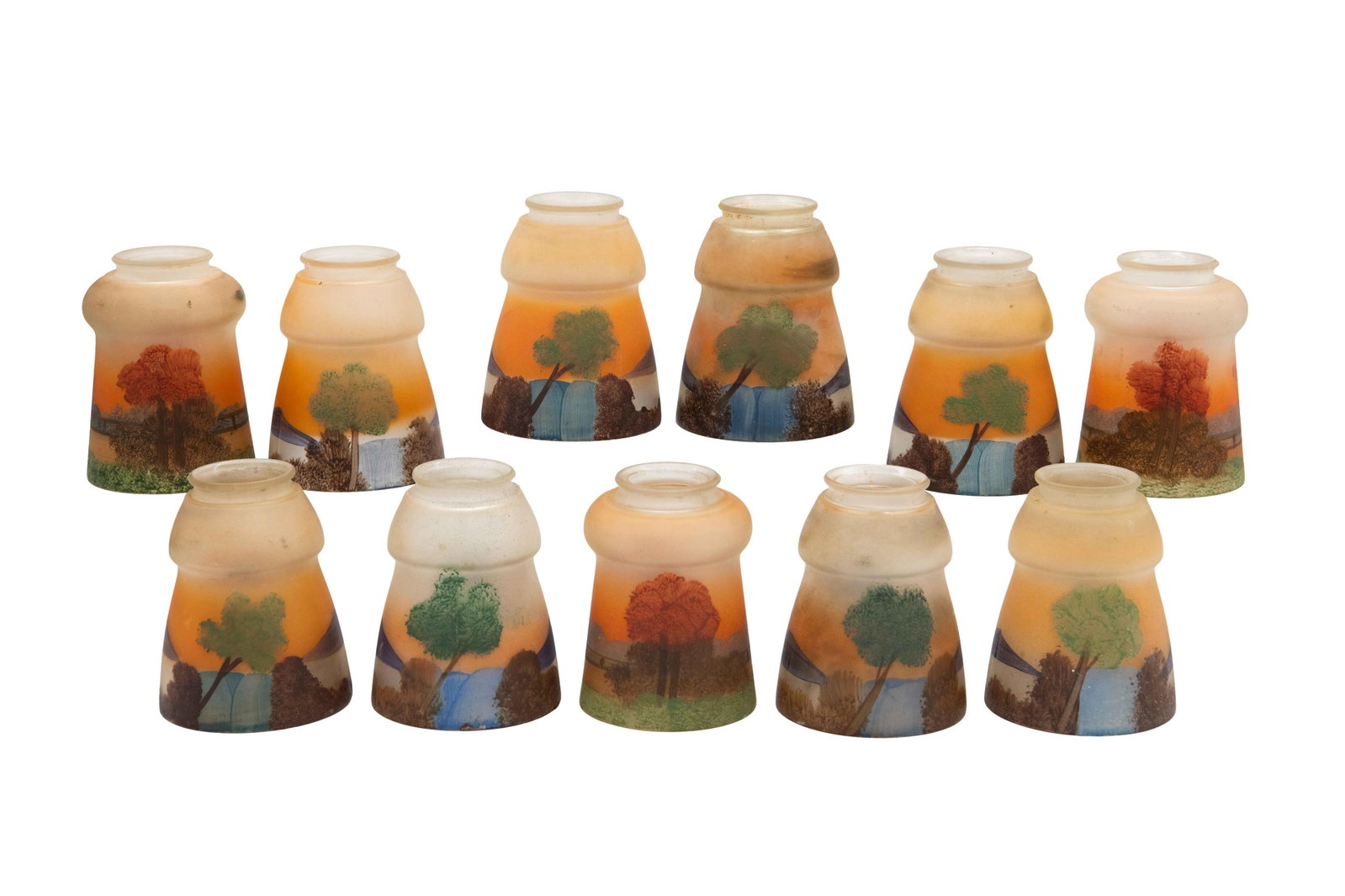 Group of 11 Hand Painted Frosted Glass Lamp Shades - Orange, Green/Blue: Group of 11 Hand Painted Frosted Glass Lamp Shades - Orange, Green/Blue Group of 11 Hand Painted Frosted Glass Lamp Shades - Orange, Green/Blue Chips commensurate with age Approximate size each (orang
