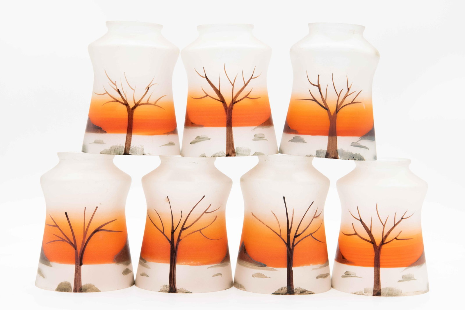 Group of Hand Painted Frosted Glass Lamp Shades - orange: Group of Hand Painted Frosted Glass Lamp Shades - orange Chipping commensurate with age 6 matching (of the same series) Approximate size: 5.25” H x 3.75” W x 3.75” D Any lamp wiring 