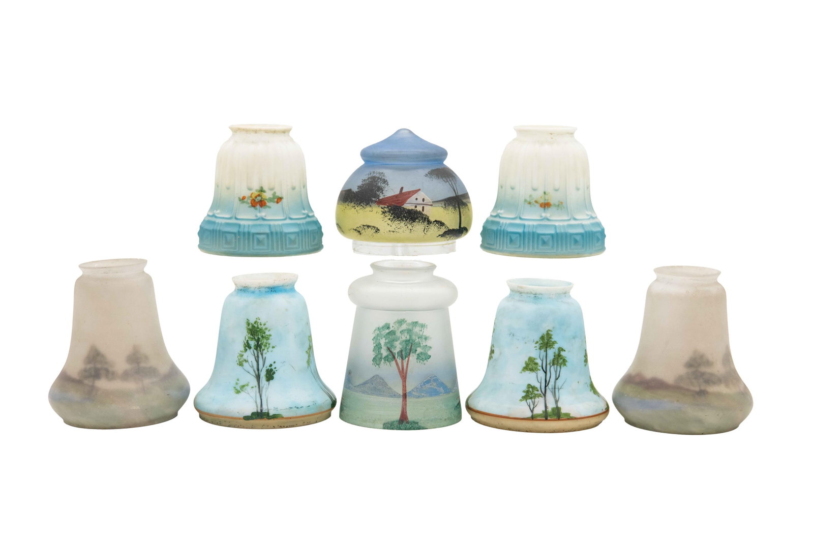Group of 8 Miscellaneous Frosted Hand Painted Glass Lamp Shades - Blue: Group of 8 Miscellaneous Frosted Hand Painted Glass Lamp Shades - Blue Approximate size of largest shade: 5.25” H x 4.5” W x 4.5” D Approximate size of smallest shade: 4.5” H x