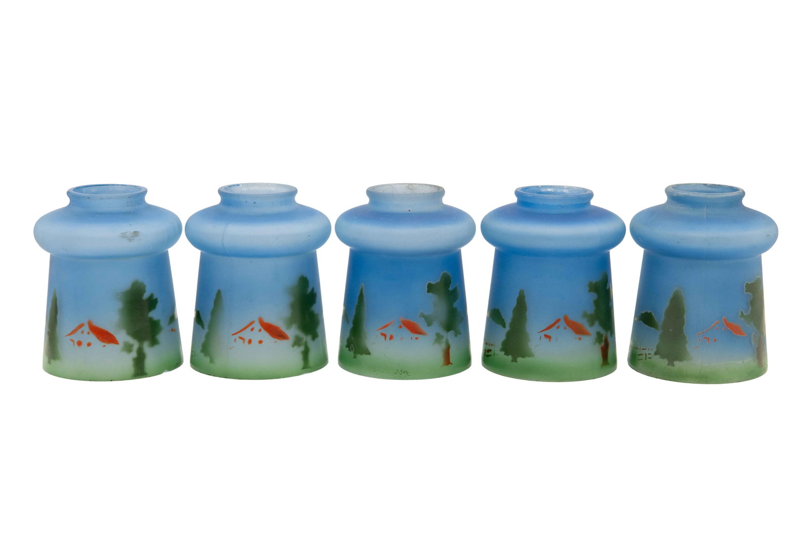 Group of 5 Frosted Hand Painted Glass Lamp Shades - Dark Blue: Group of 5 Frosted Hand Painted Glass Lamp Shades - Dark Blue Group of 5 Frosted Hand Painted Glass Lamp Shades - Dark Blue Approximate size each: 5” H x 3.75” W x 3.75” D Any lamp w