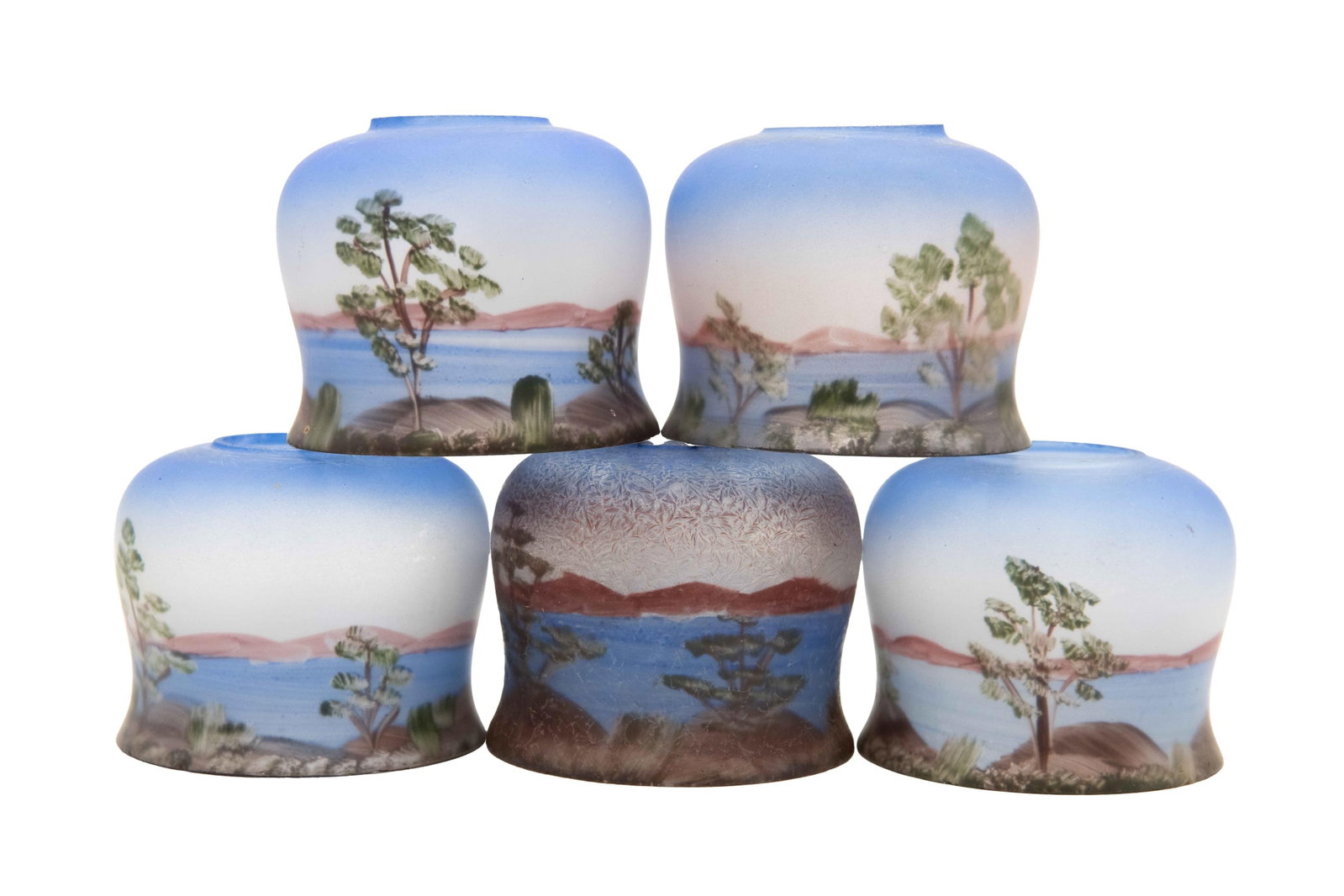 Group of 5 Small Blue Frosted Hand Painted Glass Lamp Shades: Group of 5 Small Blue Frosted Hand Painted Glass Lamp Shades Approximate size each: 3” H x 3.5” W 3.5” D Any lamp wiring is offered strictly as found. No guarantee is made as to the 