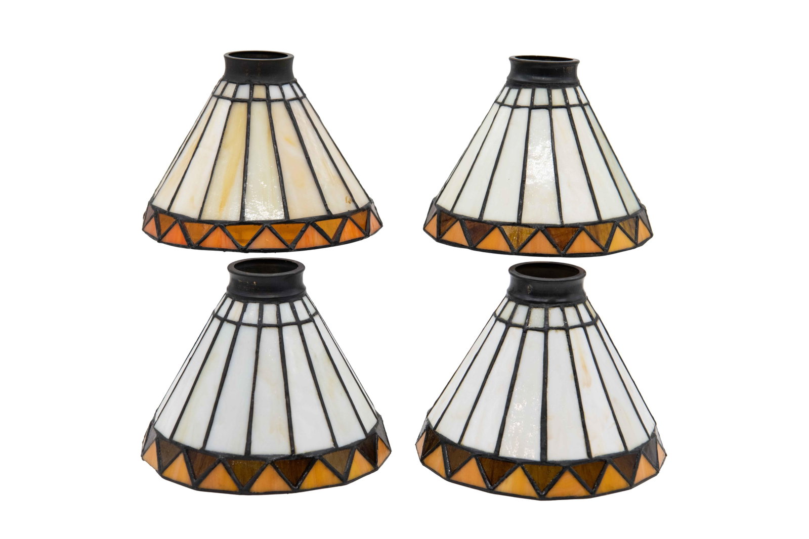 Group of 4 Stained Glass Lamp Shades: Group of 4 Stained Glass Lamp Shades Approximate size each: 6” H x 7.25” W x 7.25” D Any lamp wiring is offered strictly as found. No guarantee is made as to the condition, safety, o