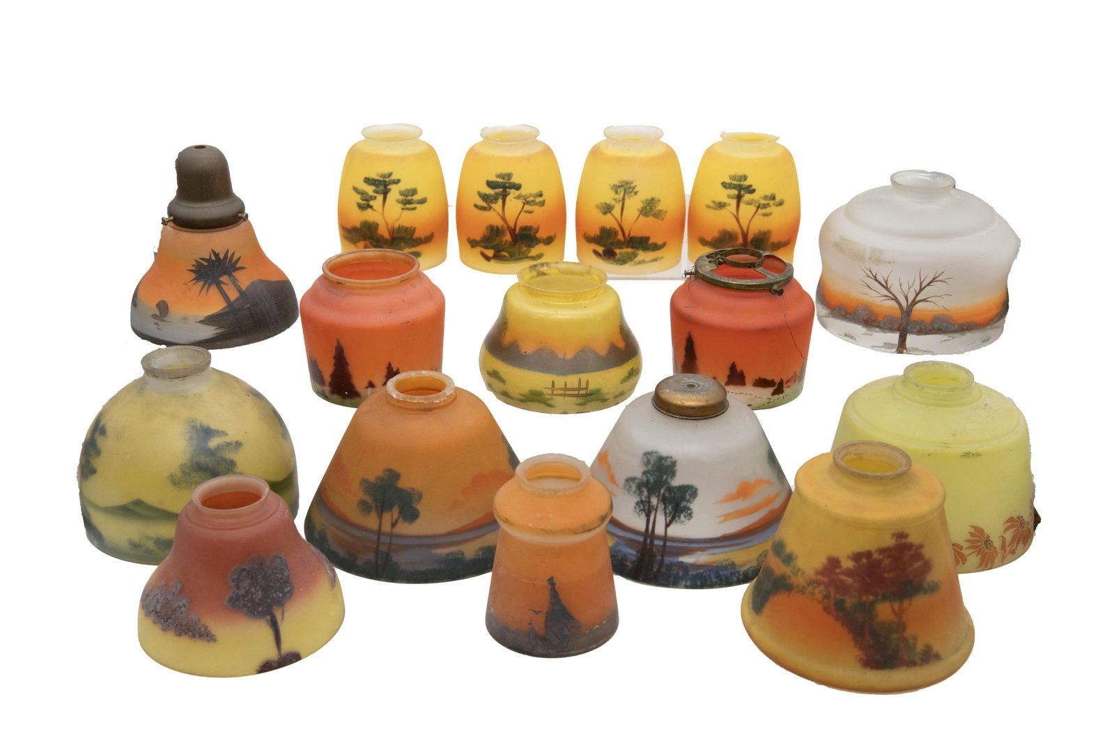 Group of 16 Frosted Hand Painted Glass Lamp Shades - Orange / Yellow: Group of 16 Frosted Hand Painted Glass Lamp Shades - Orange / Yellow Any lamp wiring is offered strictly as found. No guarantee is made as to the condition, safety, or operability of electrical compon