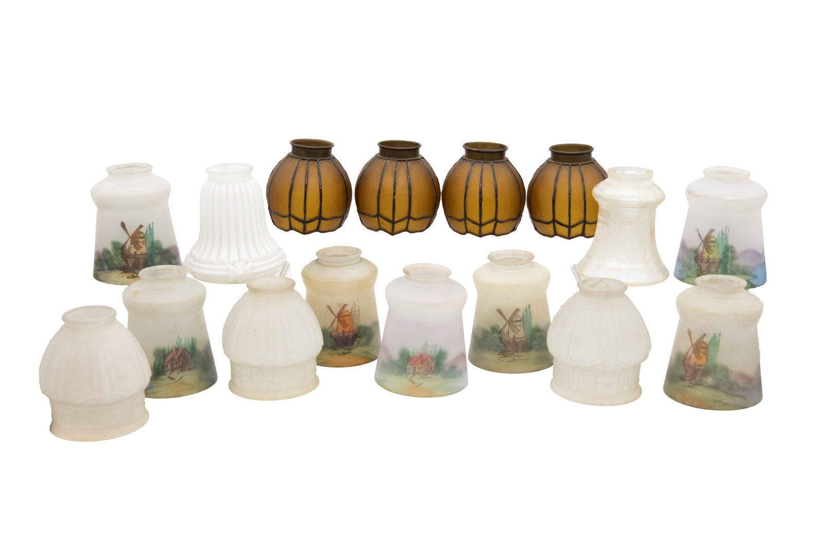 Group of 16 Frosted Hand Painted Glass Lamp Shades: Group of 16 Frosted Hand Painted Glass Lamp Shades Any lamp wiring is offered strictly as found. No guarantee is made as to the condition, safety, or operability of electrical components, and all lamp