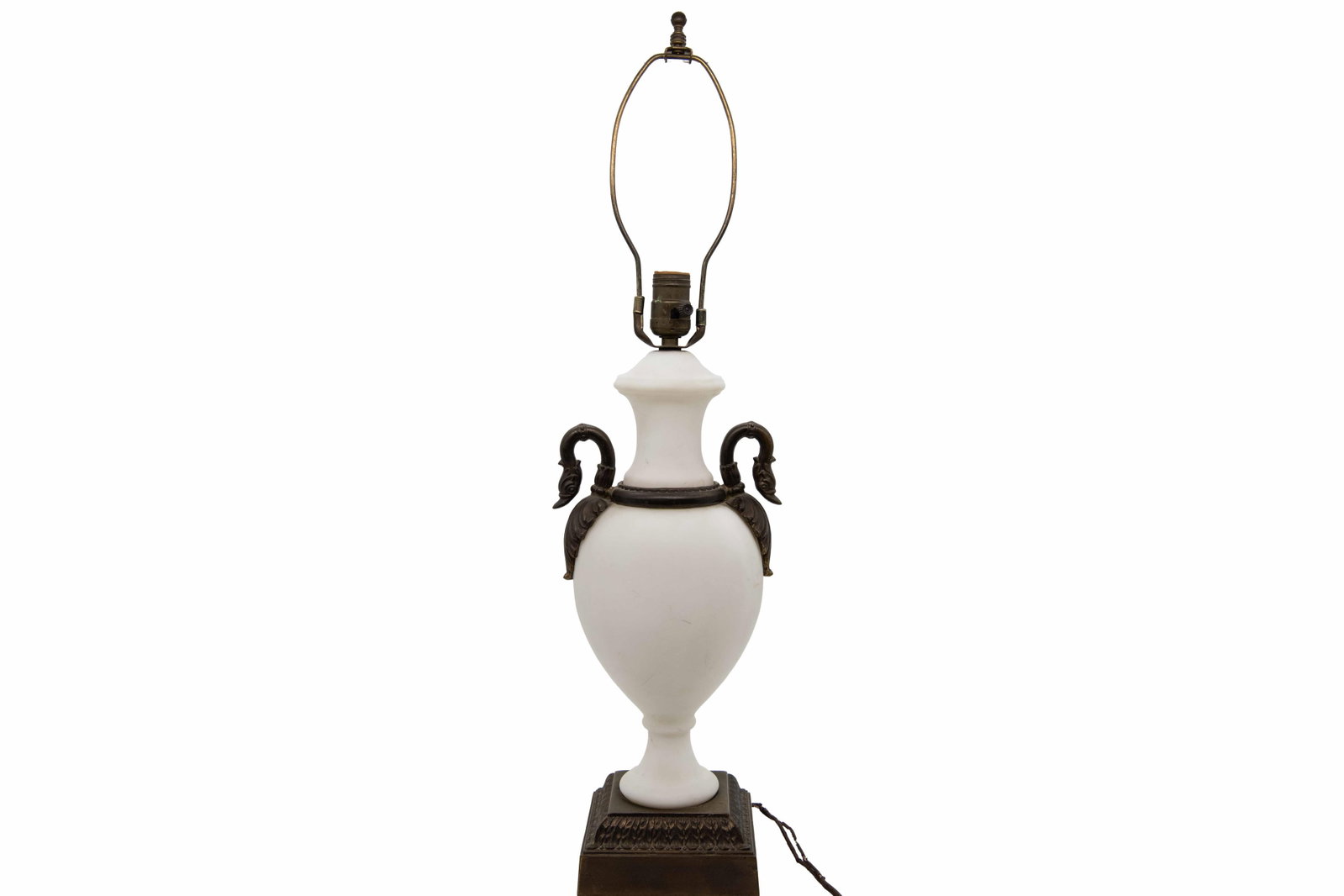 White glass lamp base: White glass lamp base Approximate size: 29.25” H x 8” W x 6” D Any lamp wiring is offered strictly as found. No guarantee is made as to the condition, safety, or operability of elect