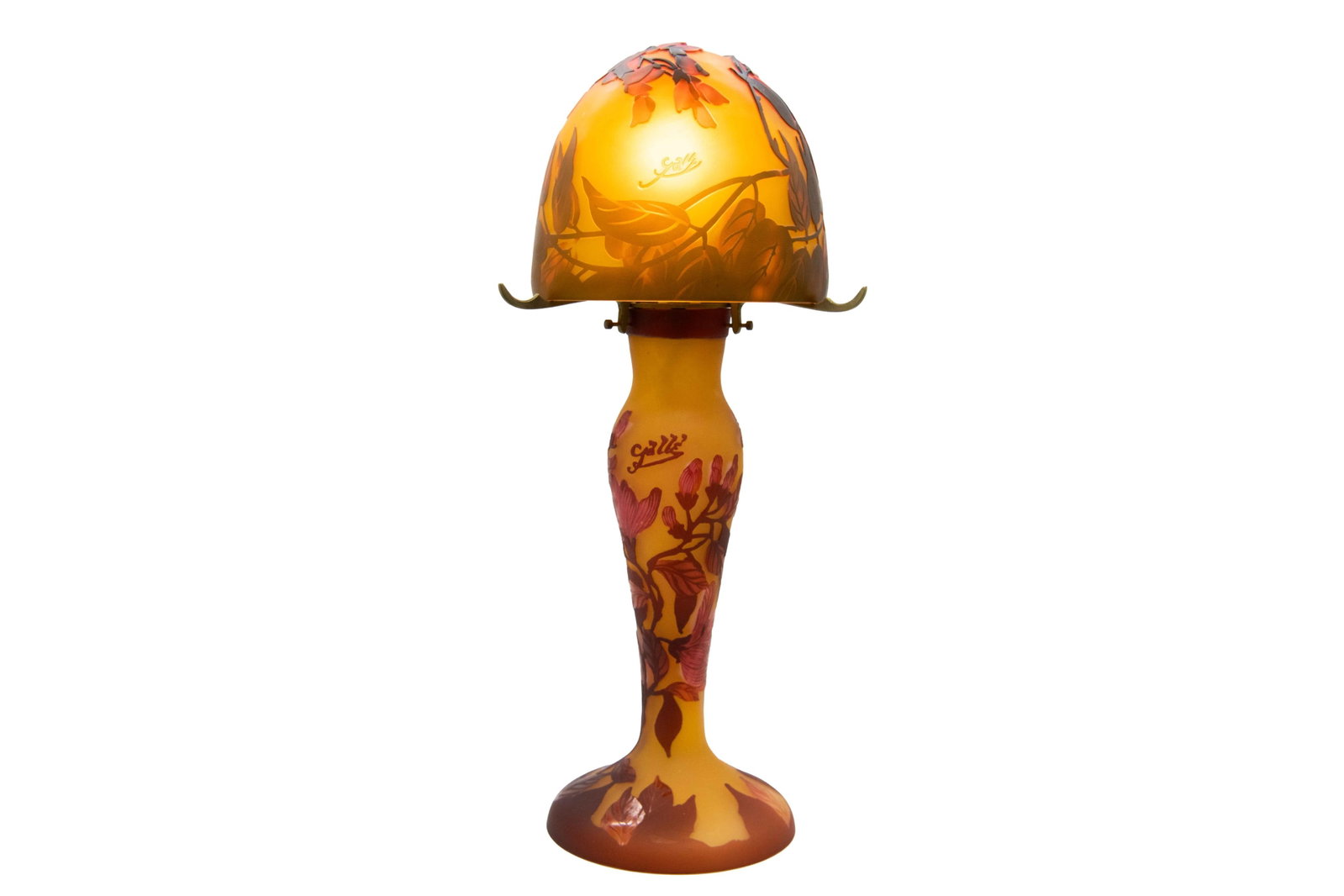 Emile Galle, 1846-1904, After Galle Red and Yellow Nouveau Cameo Glass Lamp Base: Émile Gallé 1846-1904 After Gallé Red and Yellow Nouveau Cameo Glass Lamp Base After Gallé Red and Yellow Nouveau Cameo Glass Lamp Base Approximate size: 19.25” H x 8.5” W x 8.5”