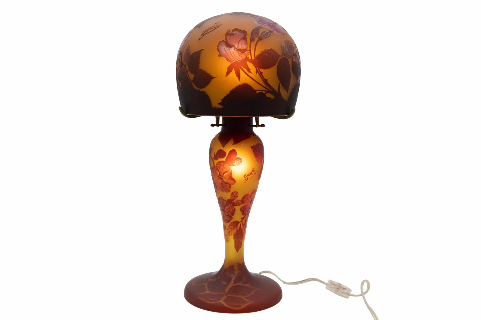 Emile Galle, 1846-1904, After Galle Amber Nouveau Cameo Glass Lampshade and Base (1 of 9)