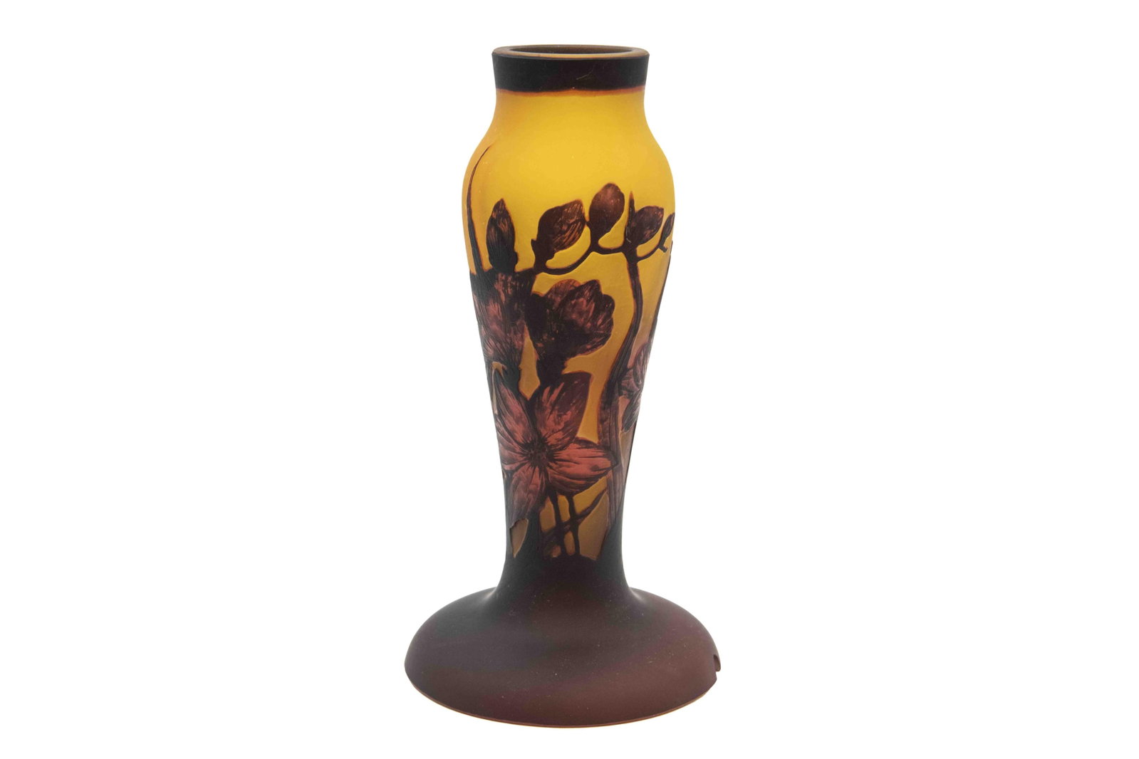 Emile Galle, 1846-1904, After Galle Yellow/Purple Nouveau Cameo Glass Lamp Base: Émile Gallé 1846-1904 After Gallé Yellow/Purple Nouveau Cameo Glass Lamp Base After Gallé Yellow/Purple Nouveau Cameo Glass Lamp Base Approximate size: 9.5” H x 5” W x 5” D Émil
