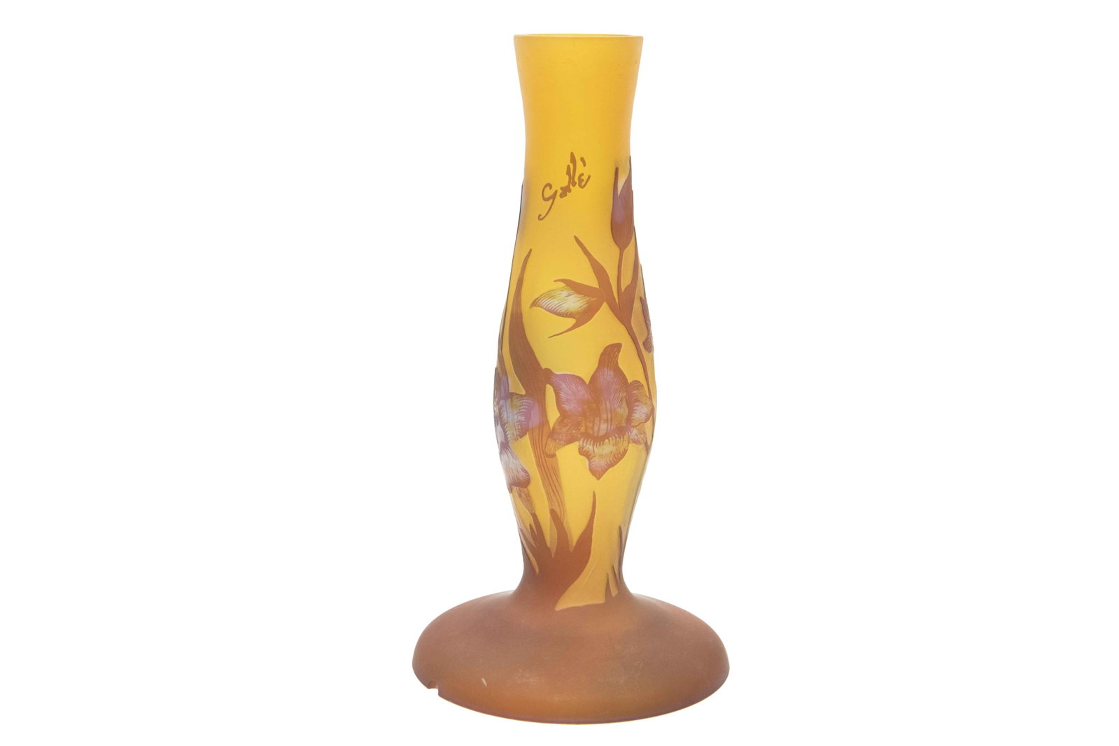 Emile Galle, 1846-1904, After Galle Yellow Nouveau Cameo Glass Lamp Base: Émile Gallé 1846-1904 After Gallé Yellow Nouveau Cameo Glass Lamp Base After Gallé Yellow Nouveau Cameo Glass Lamp Base Approximate size: 10.25” H x 5.375” W x 5.375” D Émile Ga