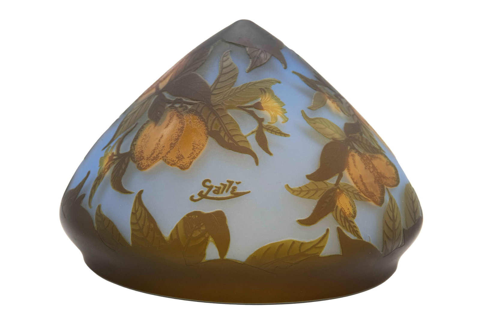 Emile Galle, 1846-1904, After Galle Nouveau Cameo Glass Lemon Tree Motif Lampshade: Émile Gallé 1846-1904 After Gallé Nouveau Cameo Glass Lemon Tree Motif Lampshade After Gallé Nouveau Cameo Glass Lemon Tree Motif Lampshade Approximate size: 7.5” H x 11” W x 11”