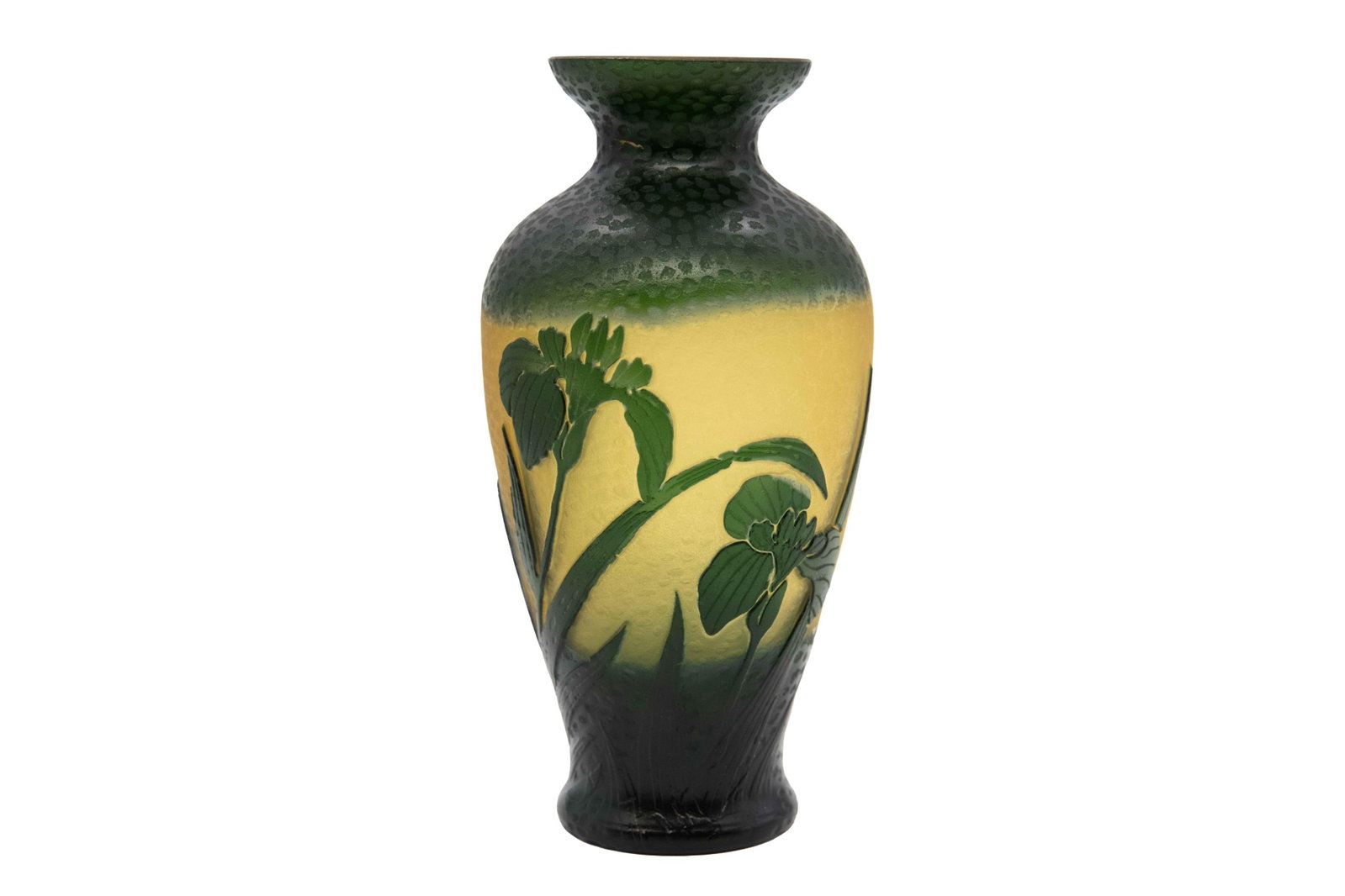 Emile Galle, 1846-1904, After Galle Petite Green/Yellow Nouveau Cameo Glass Vase: Émile Gallé 1846-1904 After Gallé Petite Green/Yellow Nouveau Cameo Glass Vase After Gallé Petite Green/Yellow Nouveau Cameo Glass Vase Approximate size: 8” H x 4” W x 4” D Émil