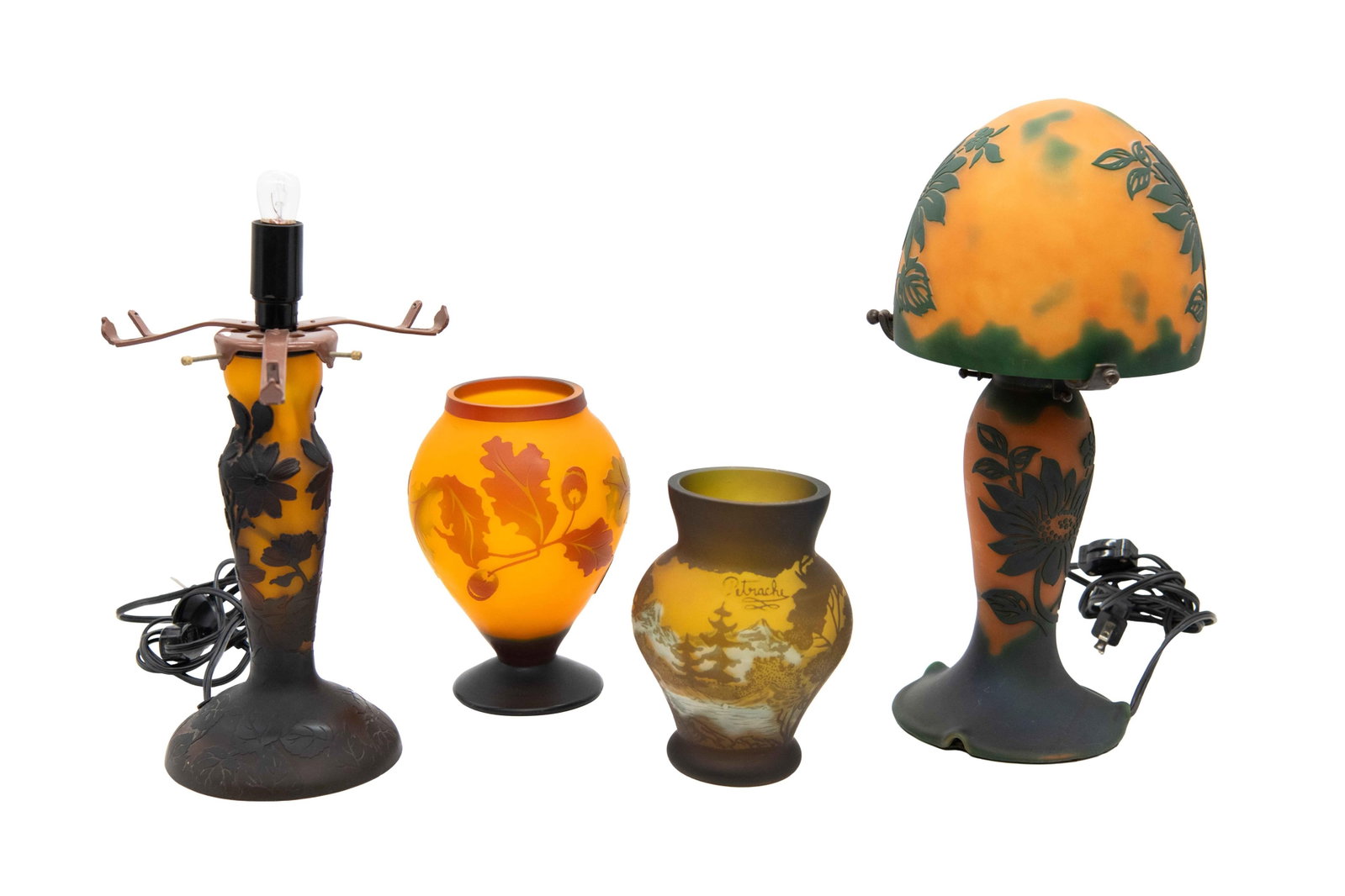 Group of Galle Style Nouveau Cameo Glass Incl. Petrache vase: Group of Gallé Style Nouveau Cameo Glass Incl. Petrache vase 1 x unmarked glass lamp base Approximate size: 13” H x 7.5” W x 7.5” D 1 x unmarked glass vase Approximate size: 7.25&rd