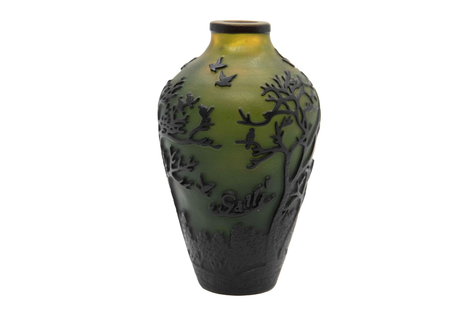 Emile Galle, 1846-1904, After Galle Emerald Nouveau Cameo Glass Vase: Émile Gallé 1846-1904 After Gallé Emerald Nouveau Cameo Glass Vase After Gallé Emerald Nouveau Cameo Glass Vase Approximate size: 4” H x 2.5” W x 2.5” D Émile Gallé (8 May 1846