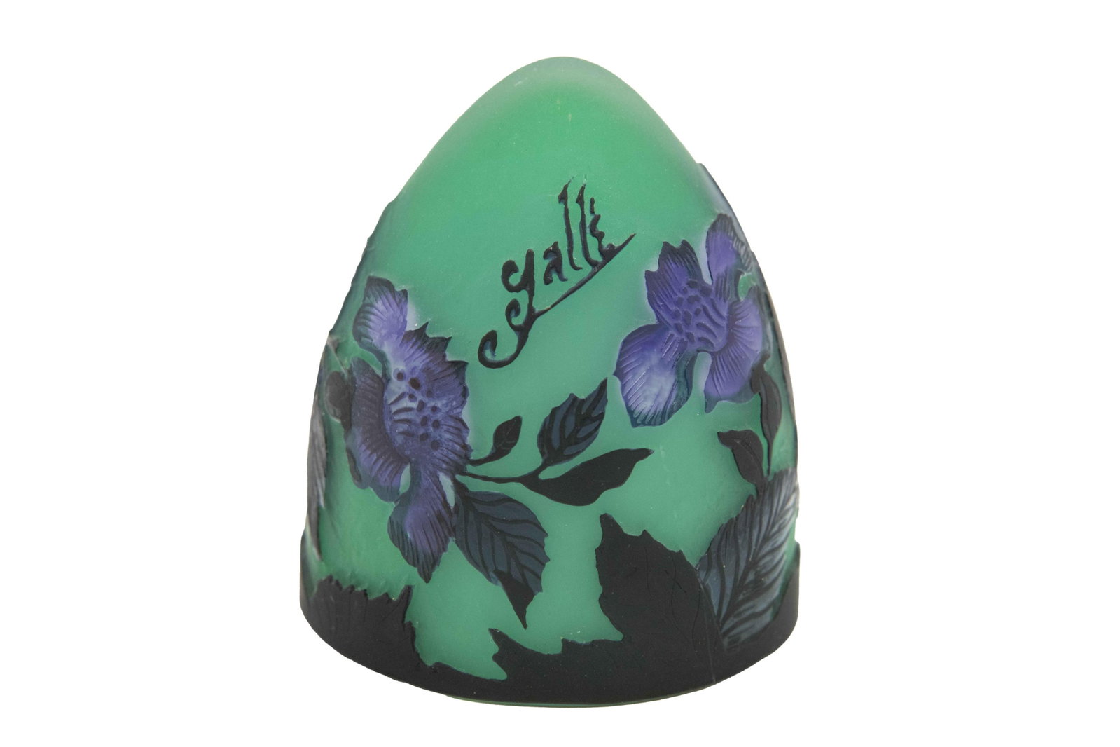 Emile Galle, 1846-1904, After Galle Green Nouveau Cameo Glass Shade: Émile Gallé 1846-1904 After Gallé Green Nouveau Cameo Glass Shade After Gallé Green Nouveau Cameo Glass Shade Approximate size: 3.625” H x 3.125” W x 3.125” D Émile Gallé (8 Ma