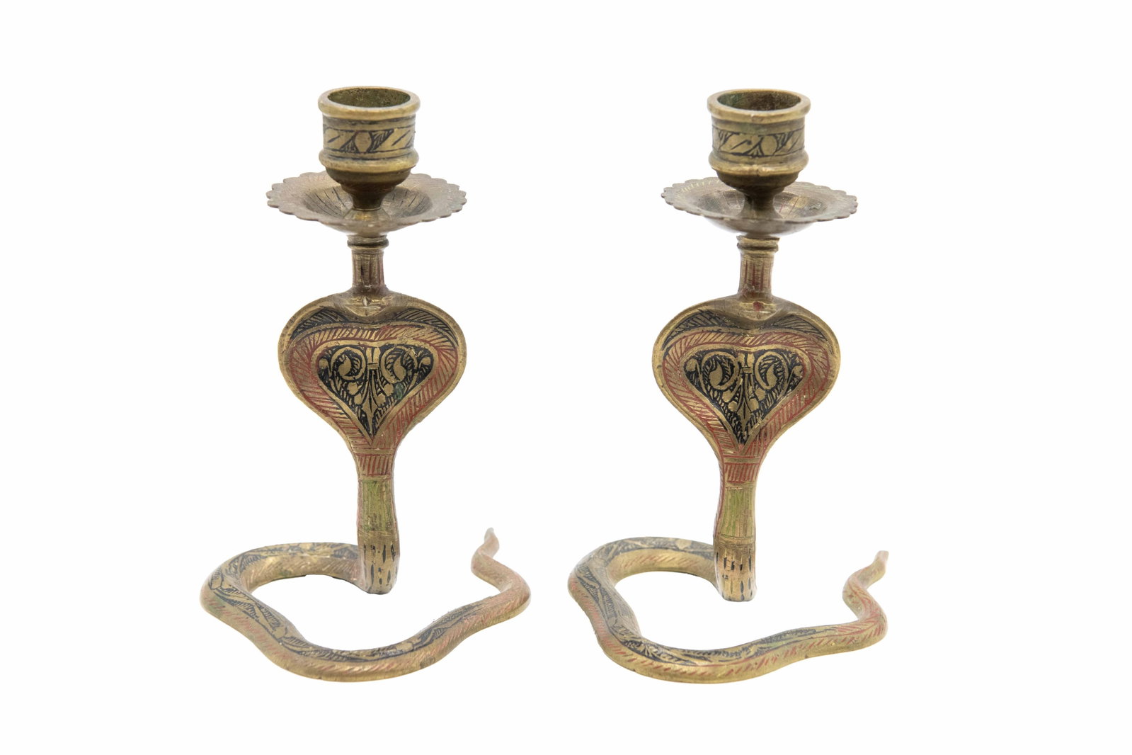 Pair of Enameled Bronze Cobra Serpent Snake Candlestick (1 of 6)