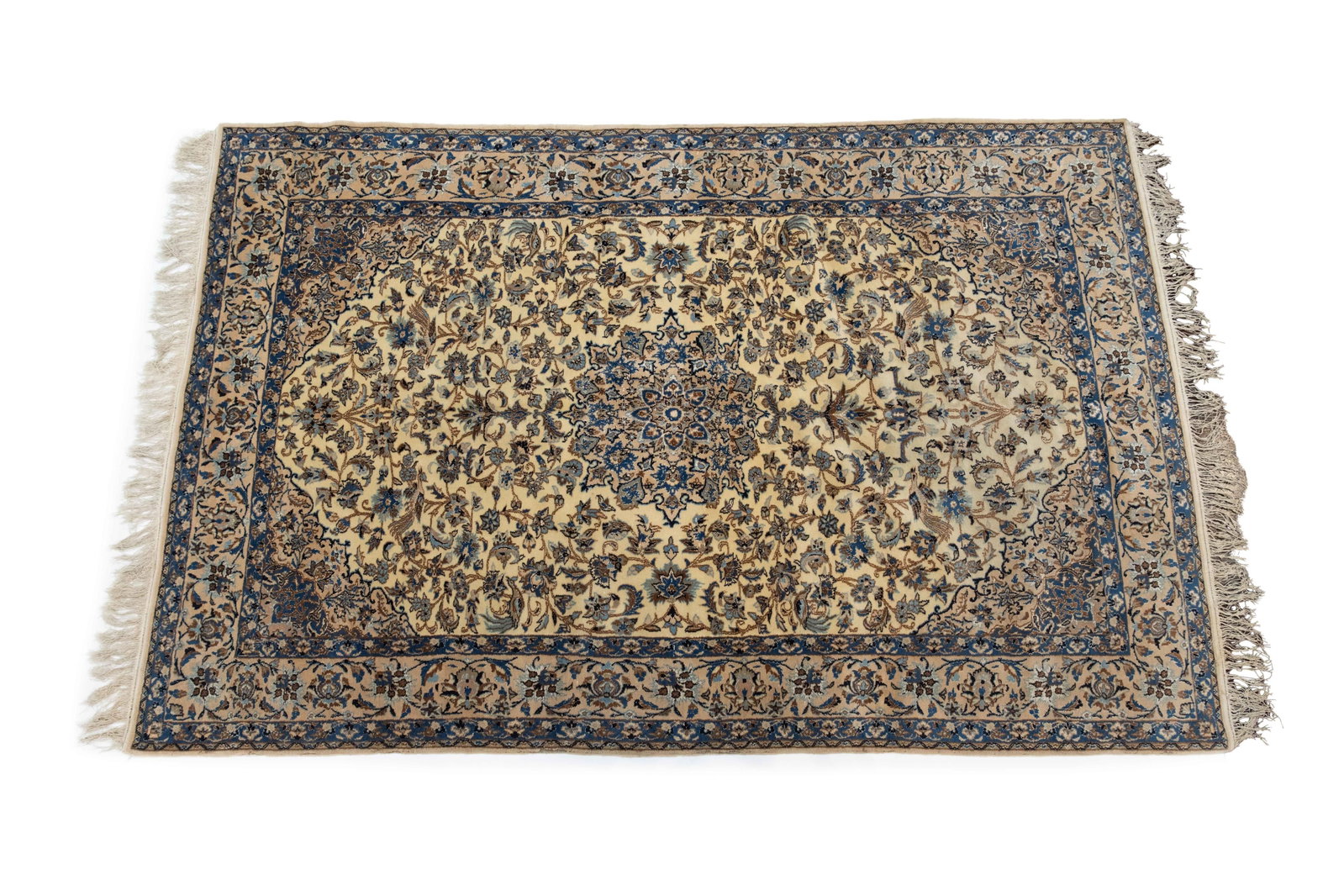 Semi Antique Persian Silk & Wool Handmade Rug: Semi Antique Persian Silk & Wool Handmade Rug Semi Antique Persian Silk and Wool Handmade Rug Likely Nain, Iran. Approximate size: 66" x 101" Fringe and rug overall good condition, wear commensurate w