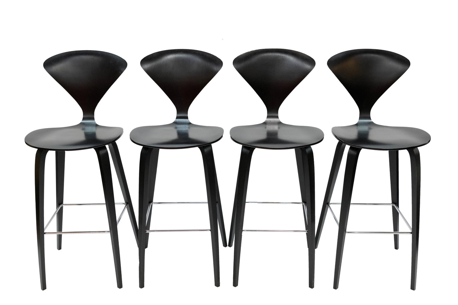 Norman Cherner, 1920-1987, 4 x Black Walnut Bar Stools: Norman Cherner 1920-1987 4 x Black Walnut Bar Stools 4 x Black Walnut Bar Stools Approximate size: 43” H x 18.5” W x 18.5” D Norman Cherner (1920-1987) was an American designe