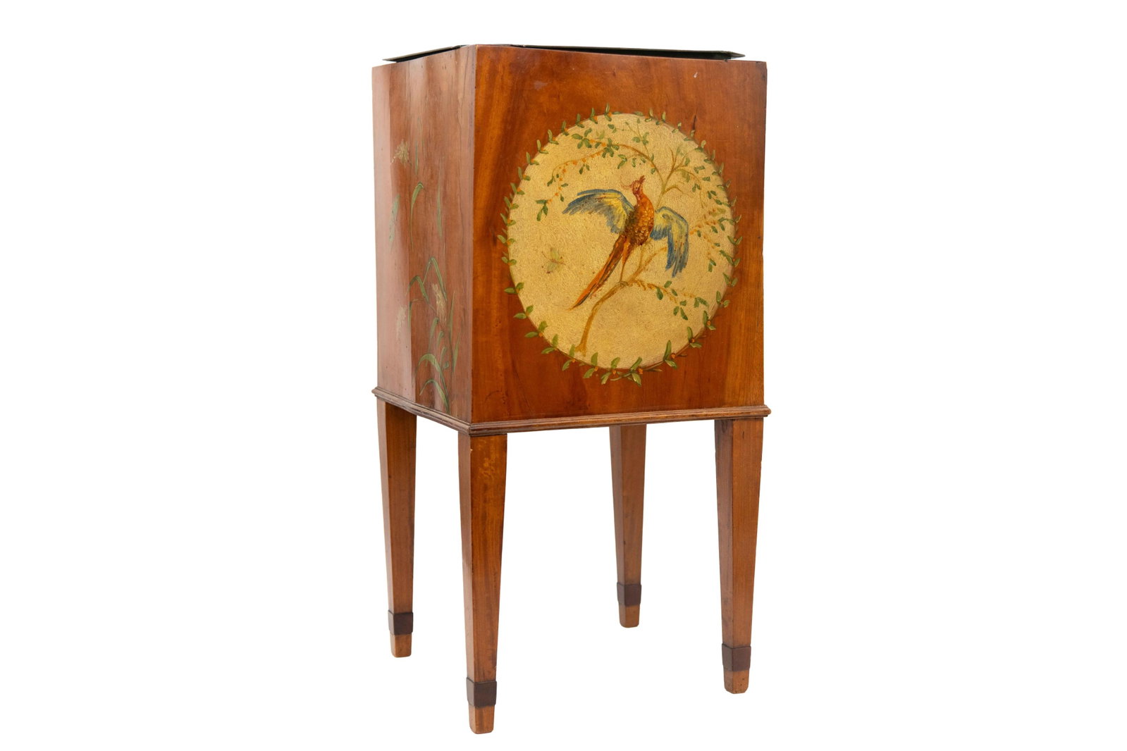 George III Style Antique Satinwood Inlaid Wine or Champagne Cooler: George III Style Antique Satinwood Inlaid Wine or Champagne Cooler George III Style Antique Satinwood Inlaid Wine or Champagne Cooler Inlaid marquetry and parquetry featuring a hand painted pheasant. 