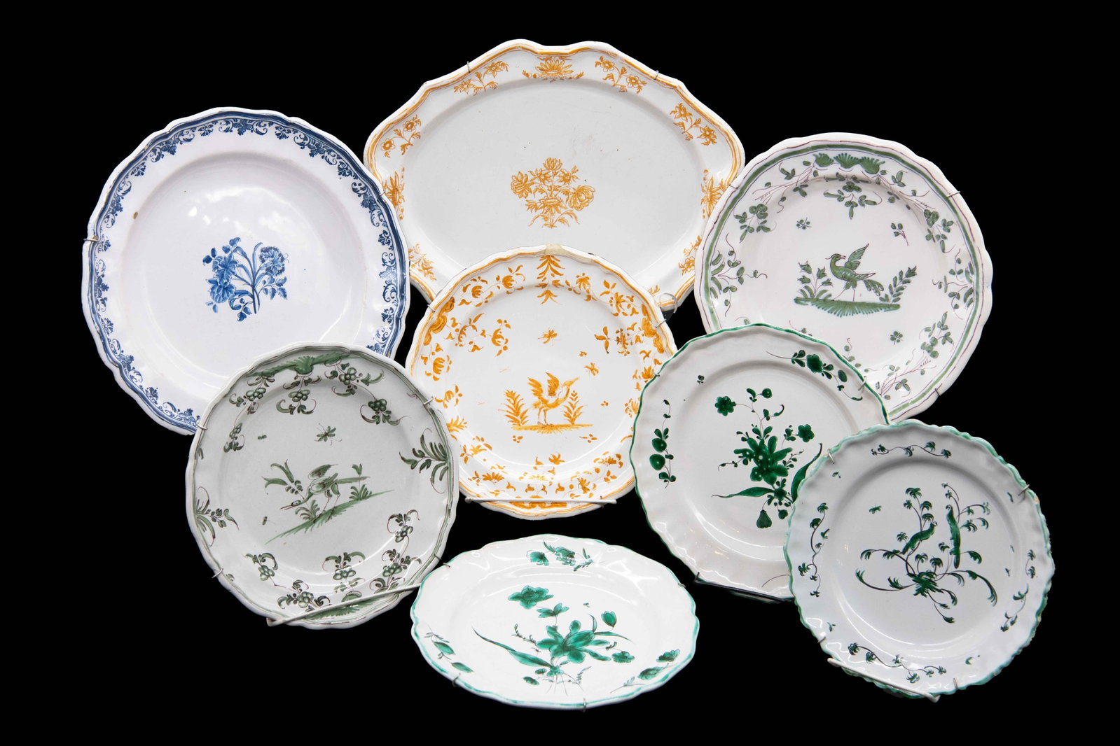 Group of 18th Century Moustiers Sainte Marie France Plates: Group of 18th Century Moustiers Sainte Marie France Plates Group of 8 18th Century Moustiers Sainte Marie France associated with Ferrat Family Workshop Plates 2 x Carnation motif plates Approximate